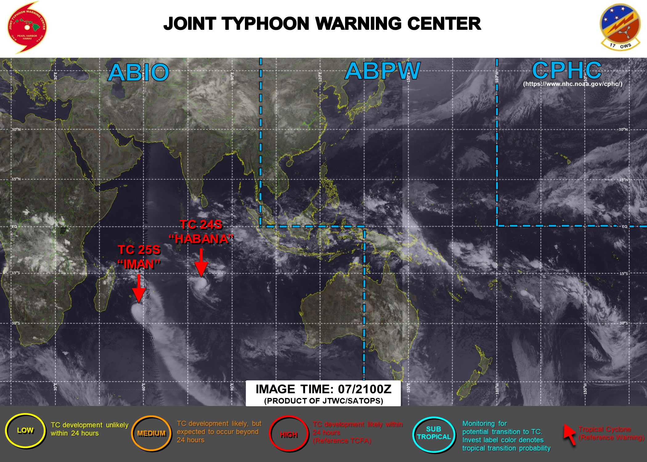 07/21UTC. JTWC IS ISSUING 12HOURLY WARNINGS ON 24S(HABANA) AND 25S(IMAN). 3HOURLY SATELLITE BULLETINS ARE ISSUED FOR BOTH SYSTEMS. THEY WERE DISCONTINUED FOR 23P(NIRAN) AND 22S(MARIAN).