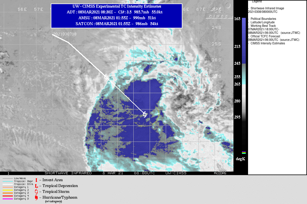 25S(IMAN). WARNING 3 ISSUED AT 08/09UTC.ANALYSIS INDICATES THE SYSTEM HAS DRIFTED INTO COOLER (27C AND DECREASING) SEA SURFACE TEMPERATURES AND  STRONG (40KT+) VERTICAL WIND SHEAR. THE ASCAT PASS ALSO INDICATES THE  LOW LEVEL CIRCULATION HAS BECOME IRREGULAR AND GROSSLY ELONGATED WITH  THE 35KNOT WIND FIELD EXPANDED UP TO 185KM. TC PHASE CLASSIFICATION  WORKSHEET INDICATES THE SYSTEM IS NOW SUBTROPICAL AND WILL REMAIN SO  AS IT CONTINUES TO ACCELERATE POLEWARD. THIS IS THE FINAL WARNING ON  THIS SYSTEM BY THE JOINT TYPHOON WRNCEN PEARL HARBOR HI.