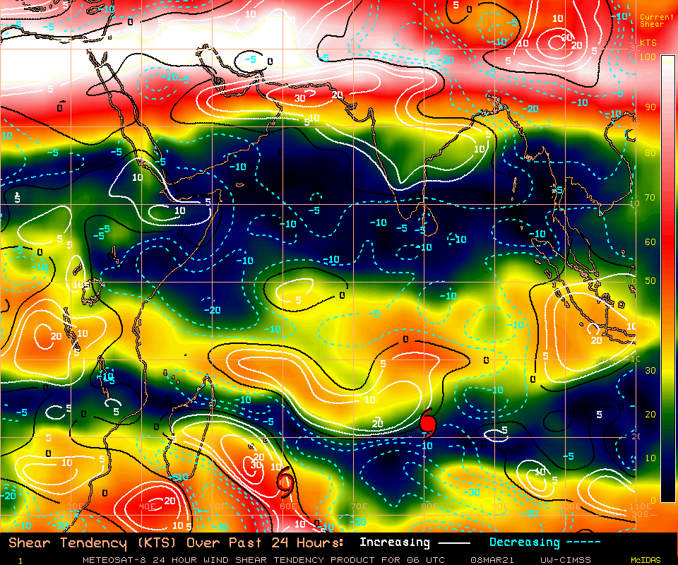 25S(IMAN). CIMSS Vertical Shear Magnitude : 22.9 m/s (44.5 kts) Direction :  311.1 deg Experimental Vertical Shear and TC Intensity Trend Estimates: VERY UNFAVOURABLE OVER 24H