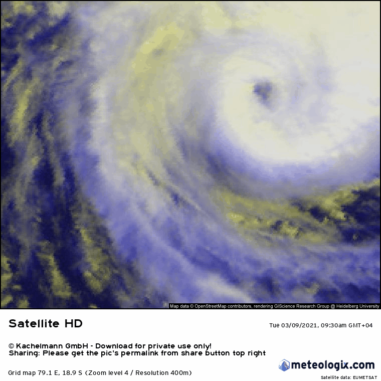 24S(HABANA). 09/09UTC. TC 24S HAS BEGUN TO REINTENSIFY AFTER A WEAKENING  PHASE ASSOCIATED WITH ITS SLOW FORWARD MOTION AND OCEANIC COOLING.  THE REINTENSIFICATION IS EVIDENT IN THE ANIMATED ENHANCED INFRARED  SATELLITE IMAGERY, WHICH SHOWS A COMPACT CORE SURROUNDING A 22  KM EYE. HERE IS A 3H30 MULTISPECTRAL IMAGERY LOOP. CLICK TO ANIMATE IF NECESSARY.