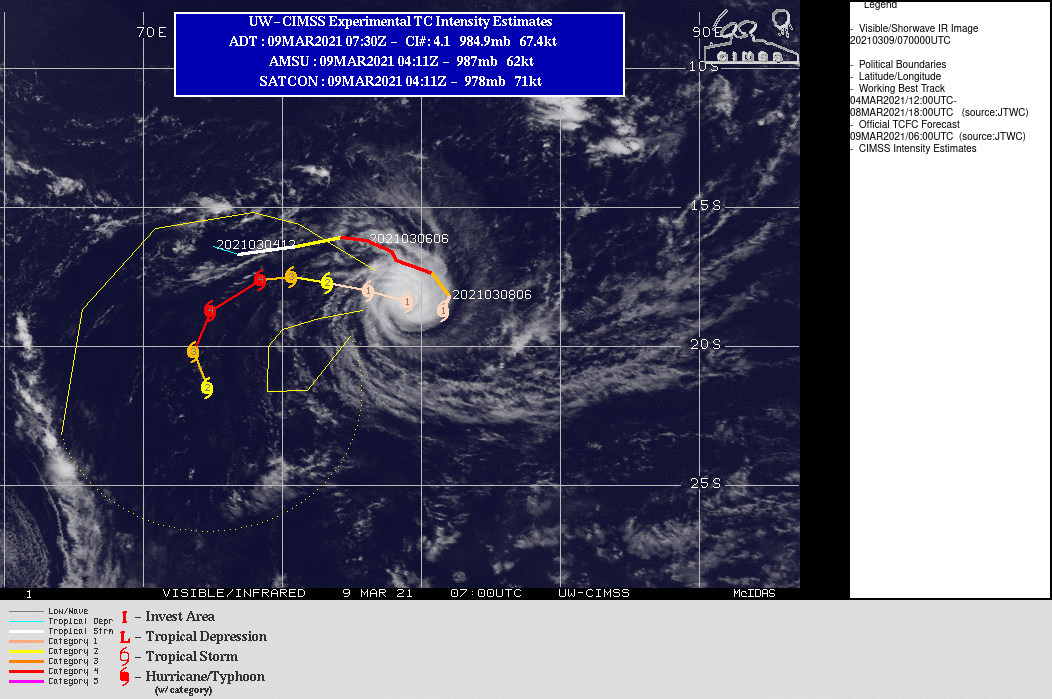 24S(HABANA). WARNING 11 ISSUED AT 09/09UTC.ENVIRONMENTAL CONDITIONS REMAIN FAVORABLE WITH LOW VERTICAL WIND SHEAR AND ROBUST, IMPROVED EQUATORWARD  OUTFLOW. TC 24S IS TRACKING WESTWARD ALONG THE NORTHERN PERIPHERY OF  A SUBTROPICAL RIDGE (STR) POSITIONED TO THE SOUTH AND IS FORECAST TO  CONTINUE TRACKING WESTWARD THROUGH 48H UNTIL THE STR WEAKENS AND  SHIFTS EAST IN RESPONSE TO AN APPROACHING SHORTWAVE TROUGH. THIS  WILL RESULT IN A SOUTHWESTWARD TURN THROUGH 72H. AFTER 72H, TC  HABANA WILL SLOW SIGNIFICANTLY AND DRIFT SOUTHWARD DUE TO COMPETING  STEERING INFLUENCES, NAMELY THE STR TO THE EAST AND A BUILDING STR  TO THE WEST. AN ADDITIONAL IMPEDIMENT THAT WILL LIMIT POLEWARD TRACK  MOTION IS A BUILDING LOW-LEVEL HIGH TO THE SOUTH. THERE IS UNCERTAINTY IN THE  INTENSITY FORECAST WITH HIGH POTENTIAL FOR RAPID INTENSIFICATION  OVER THE NEXT 12 TO 48 HOURS AS INDICATED BY HWRF, COAMPS-TC AND THE  COAMPS-TC ENSEMBLE. ADDITIONALLY, THE MOST RECENT ENHANCED INFRA-RED IMAGERY YIELDS  AN UNOFFICIAL DVORAK ESTIMATE OF T5.0 (90 KNOTS) AS THE SMALL EYE  EMERGES. THIS DATA WAS INCORPORATED INTO THE INTENSITY FORECAST  THROUGH 48H, WHICH REFLECTS A SHARPER INCREASE TO THE PEAK  INTENSITY OF 115 KNOTS/US CATEGORY 4 BY 48H. OVERALL, ENVIRONMENTAL CONDITIONS  SHOULD REMAIN FAVORABLE THROUGH 72H WITH GRADUAL WEAKENING AFTER  72H AS MID-LEVEL VERTICAL WIND SHEAR INCREASES TO MODERATE LEVELS AND SST VALUES  COOL SLIGHTLY TO 27C. 24S(HABANA). WARNING 11 ISSUED AT 09/09UTC.ENVIRONMENTAL CONDITIONS REMAIN FAVORABLE WITH LOW VERTICAL WIND SHEAR AND ROBUST, IMPROVED EQUATORWARD  OUTFLOW. TC 24S IS TRACKING WESTWARD ALONG THE NORTHERN PERIPHERY OF  A SUBTROPICAL RIDGE (STR) POSITIONED TO THE SOUTH AND IS FORECAST TO  CONTINUE TRACKING WESTWARD THROUGH 48H UNTIL THE STR WEAKENS AND  SHIFTS EAST IN RESPONSE TO AN APPROACHING SHORTWAVE TROUGH. THIS  WILL RESULT IN A SOUTHWESTWARD TURN THROUGH 72H. AFTER 72H, TC  HABANA WILL SLOW SIGNIFICANTLY AND DRIFT SOUTHWARD DUE TO COMPETING  STEERING INFLUENCES, NAMELY THE STR TO THE EAST AND A BUILDING STR  TO THE WEST. AN ADDITIONAL IMPEDIMENT THAT WILL LIMIT POLEWARD TRACK  MOTION IS A BUILDING LOW-LEVEL HIGH TO THE SOUTH. THERE IS UNCERTAINTY IN THE  INTENSITY FORECAST WITH HIGH POTENTIAL FOR RAPID INTENSIFICATION  OVER THE NEXT 12 TO 48 HOURS AS INDICATED BY HWRF, COAMPS-TC AND THE  COAMPS-TC ENSEMBLE. ADDITIONALLY, THE MOST RECENT ENHANCED INFRA-RED IMAGERY YIELDS  AN UNOFFICIAL DVORAK ESTIMATE OF T5.0 (90 KNOTS) AS THE SMALL EYE  EMERGES. THIS DATA WAS INCORPORATED INTO THE INTENSITY FORECAST  THROUGH 48H, WHICH REFLECTS A SHARPER INCREASE TO THE PEAK  INTENSITY OF 115 KNOTS/US CATEGORY 4 BY 48H. OVERALL, ENVIRONMENTAL CONDITIONS  SHOULD REMAIN FAVORABLE THROUGH 72H WITH GRADUAL WEAKENING AFTER  72H AS MID-LEVEL VERTICAL WIND SHEAR INCREASES TO MODERATE LEVELS AND SST VALUES  COOL SLIGHTLY TO 27C.