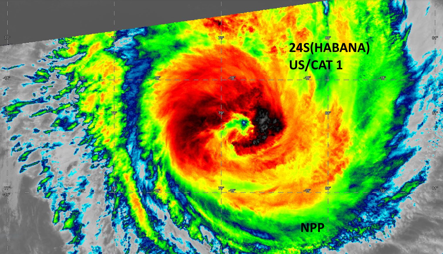 24S(HABANA). 09/0809UTC. NPP ENHANCED IR. THE SMALL EYE FEATURE WAS WELL DEPICTED. 24S(HABANA). 09/0809UTC. NPP ENHANCED IR. THE SMALL EYE FEATURE WAS WELL DEPICTED.
