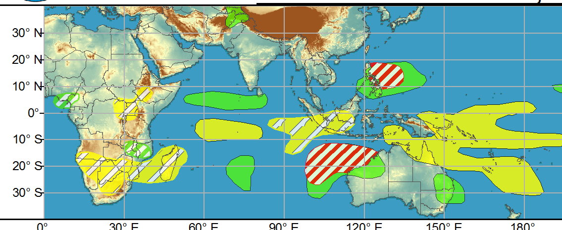 WEEK 1: As predicted in last week's outlook, two tropical cyclones developed over the South Indian Ocean during the past week. Cyclone Habana formed over the south-central Indian Ocean and strengthened to major hurricane intensity (125kt peak sustained winds) as it tracked generally eastward over the open ocean. Over the past few days, the cyclone has turned southward and westward, and forecasts from the JTWC show the system regaining major hurricane intensity as it tracks westward just south of its prior track. Ultimately the cyclone is forecast to recurve to the south well east of Mauritius and La Reunion. Tropical Storm Iman formed to the west of Cyclone Habana's location, and is currently weakening as it recurves southward. During Week-1, additional tropical cyclogenesis is possible over the eastern portion of the Indian Ocean basin, with two regions exhibiting a moderate potential for development. Formation northwest of Australia in the vicinity of 100-110E is possible, with dynamical model track forecasts bringing this potential system generally southward, with a potential for impacts to Western Australia. WEEK 1: As predicted in last week's outlook, two tropical cyclones developed over the South Indian Ocean during the past week. Cyclone Habana formed over the south-central Indian Ocean and strengthened to major hurricane intensity (125kt peak sustained winds) as it tracked generally eastward over the open ocean. Over the past few days, the cyclone has turned southward and westward, and forecasts from the JTWC show the system regaining major hurricane intensity as it tracks westward just south of its prior track. Ultimately the cyclone is forecast to recurve to the south well east of Mauritius and La Reunion. Tropical Storm Iman formed to the west of Cyclone Habana's location, and is currently weakening as it recurves southward. During Week-1, additional tropical cyclogenesis is possible over the eastern portion of the Indian Ocean basin, with two regions exhibiting a moderate potential for development. Formation northwest of Australia in the vicinity of 100-110E is possible, with dynamical model track forecasts bringing this potential system generally southward, with a potential for impacts to Western Australia.