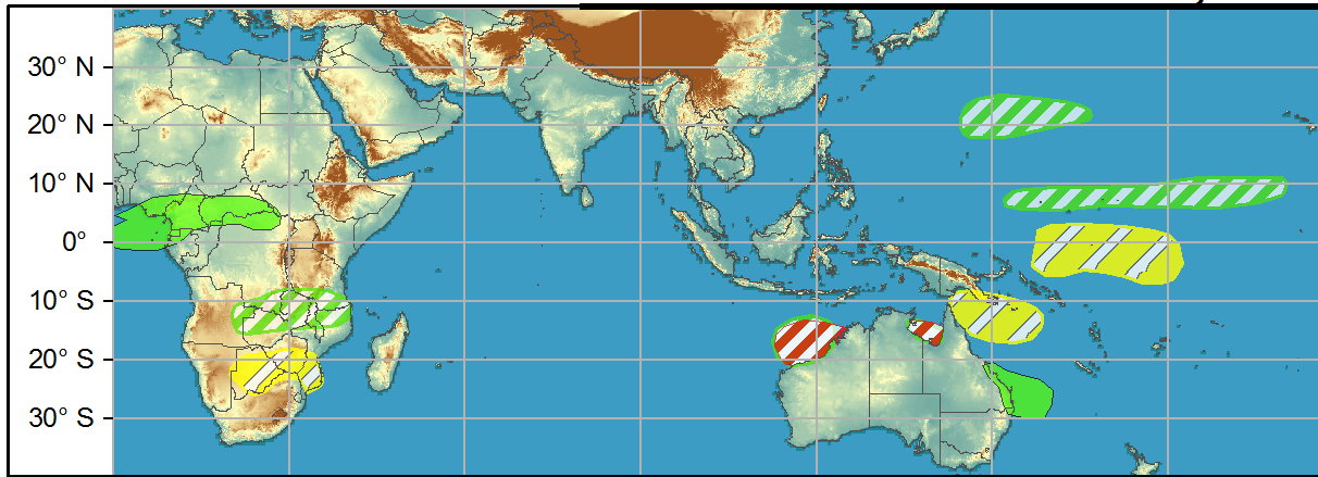 LATE WEEK1/WEEK 2: formation is possible during late Week-1 or Week-2 closer to the Kimberley Coast or the Gulf of Carpentaria. Elsewhere, a disturbance east of the Philippines has a moderate potential for formation before moving westward across the archipelago. LATE WEEK1/WEEK 2: formation is possible during late Week-1 or Week-2 closer to the Kimberley Coast or the Gulf of Carpentaria. Elsewhere, a disturbance east of the Philippines has a moderate potential for formation before moving westward across the archipelago.