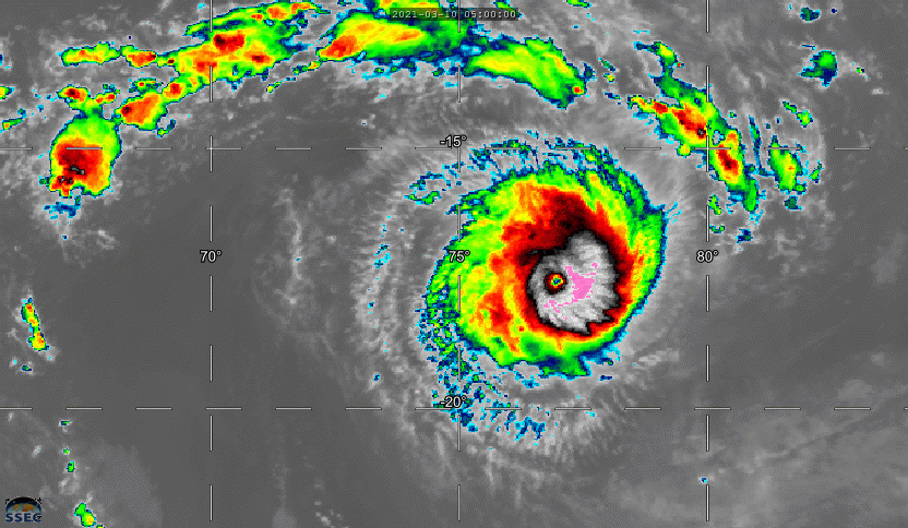 24S(HABANA). 10/23UTC. 18H ANIMATION. UP-DATED JTWC ANALYSIS INDICATE THAT SUPER CYCLONE 24S(HABANA) REACHED A PEAK INTENSITY OF 135KNOTS/CATEGORY 4 AT 10/12UTC. THE EYE-WALL REPLACEMENT CYCLE HAS RESULTED IN A SLIGHT WEAKENING SINCE. CLICK ON THE IMAGERY TO ANIMATE IF NEEDED.