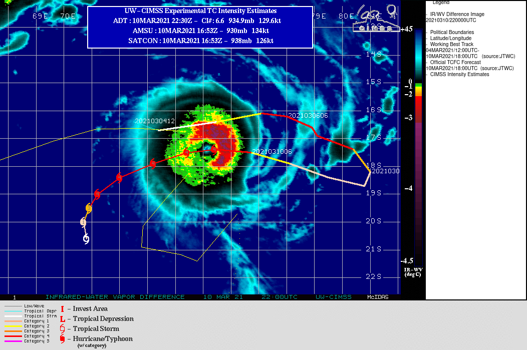 24S(HABANA). WARNING 14 ISSUED AT 10/21UTC.ENVIRONMENTAL ANALYSIS INDICATES GOOD RADIAL OUTFLOW WITH  LOW (10-15 KTS) VERTICAL WIND SHEAR (VWS) AND WARM (28C) SEA SURFACE  TEMPERATURES (SST). THE EYE-WALL REPLACEMENT CYCLE OVER THE LAST 12 HOURS HAS RESULTED IN A  PLATEAU IN INTENSITY. TC 24S HAS TURNED SLIGHTLY TO THE WEST- NORTHWEST AS IT ROUNDS THE NORTHWESTERN EDGE OF THE SUBTROPICAL  RIDGE (STR) TO THE SOUTH, BUT IS EXPECTED TO GRADUALLY TURN TOWARD  THE SOUTHWEST THROUGHOUT 72H AND TOWARD THE SOUTH THROUGH 120H. BEYOND 72H, A SLOWING OF THE FORWARD MOTION IS EXPECTED,  WITH INCREASED UPWELLING. THIS WILL RESULT IN COLDER SSTS, WHICH  WILL BE THE PRIMARY FACTOR IN THE WEAKENING OF THE SYSTEM.