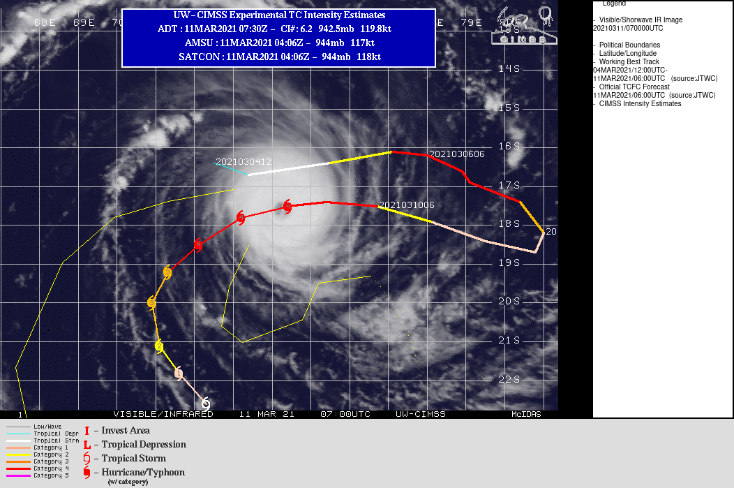 24S(HABANA). WARNING 15 ISSUED AT 11/09UTC. ANALYSIS INDICATES LOW (10-15KT) VERTICAL WIND SHEAR ALOFT AND WARM (28-29C) SEA SURFACE  TEMPERATURES. HOWEVER, TOTAL PRECIPITABLE WATER ANIMATION ALSO  INDICATES COLD DRY AIR HAS BEGUN TO INTRUDE TOWARD THE CENTER AND  THE RADIAL UPPER LEVEL OUTFLOW HAS BEGUN TO DIMINISH, AS EVIDENCED  IN A WATER VAPOR SATELLITE IMAGERY LOOP. THESE TWO DYNAMICS WILL  MAINLY BE RESPONSIBLE FOR THE SLOW WEAKENING IN THE NEAR- TO MID- TERM PORTION OF THE FORECAST. TC 24S WILL TRACK WEST-SOUTHWESTWARD  THEN SOUTHWESTWARD ALONG THE NORTHERN PERIPHERY OF THE SUBTROPICAL  RIDGE (STR) TO THE SOUTH. AFTER 36H, AS THE STR RECEDES EASTWARD  AND REORIENTS, THE CYCLONE WILL TRACK MORE SOUTHWARD THEN  SOUTHEASTWARD. THE GRADUAL WEAKENING CAUSED BY COOL DRY AIR  INTRUSION AND MINIMIZED UPPER LEVEL OUTFLOW WILL BECOME MORE RAPID  AFTER 48H AS THE SYSTEM SLOWS DOWN SIGNIFICANTLY, CAUSING  LOCALIZED UPWELLING RESULTING IN COOLER SSTS. BY 120H, TC HABANA  WILL BE REDUCED TO 55KTS.