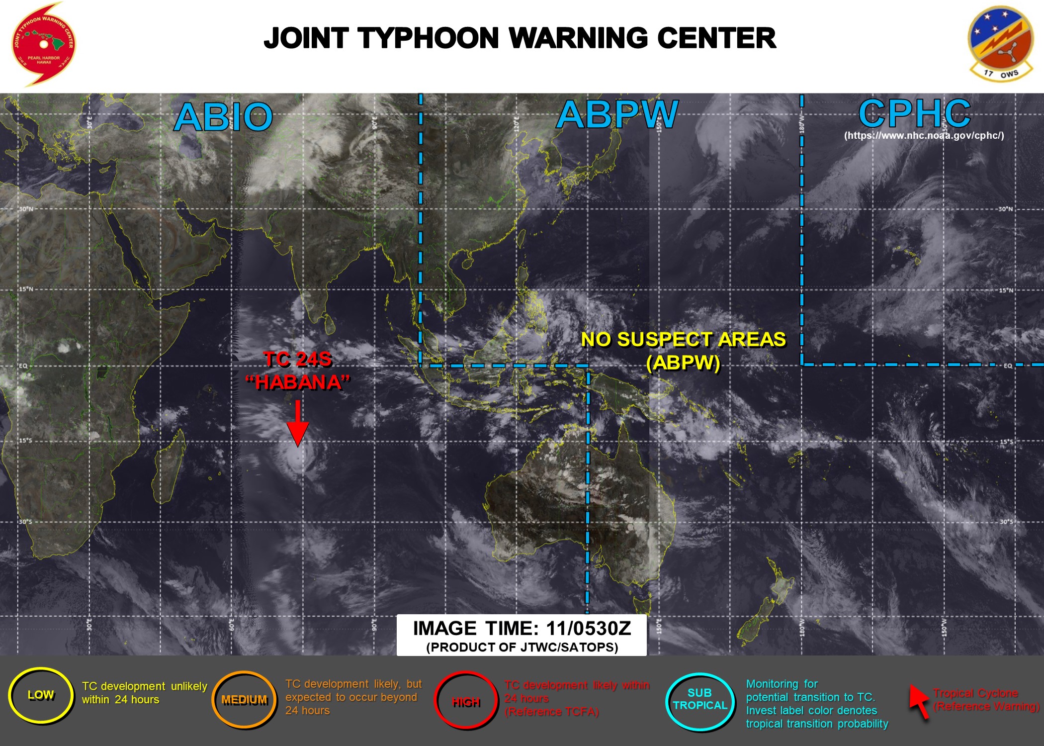 11/09UTC. JTWC HAS BEEN ISSUING 12HOURLY WARNINGS ON 24S(HABANA) ALONG WITH 3HOURLY SATELLITE BULLETINS.