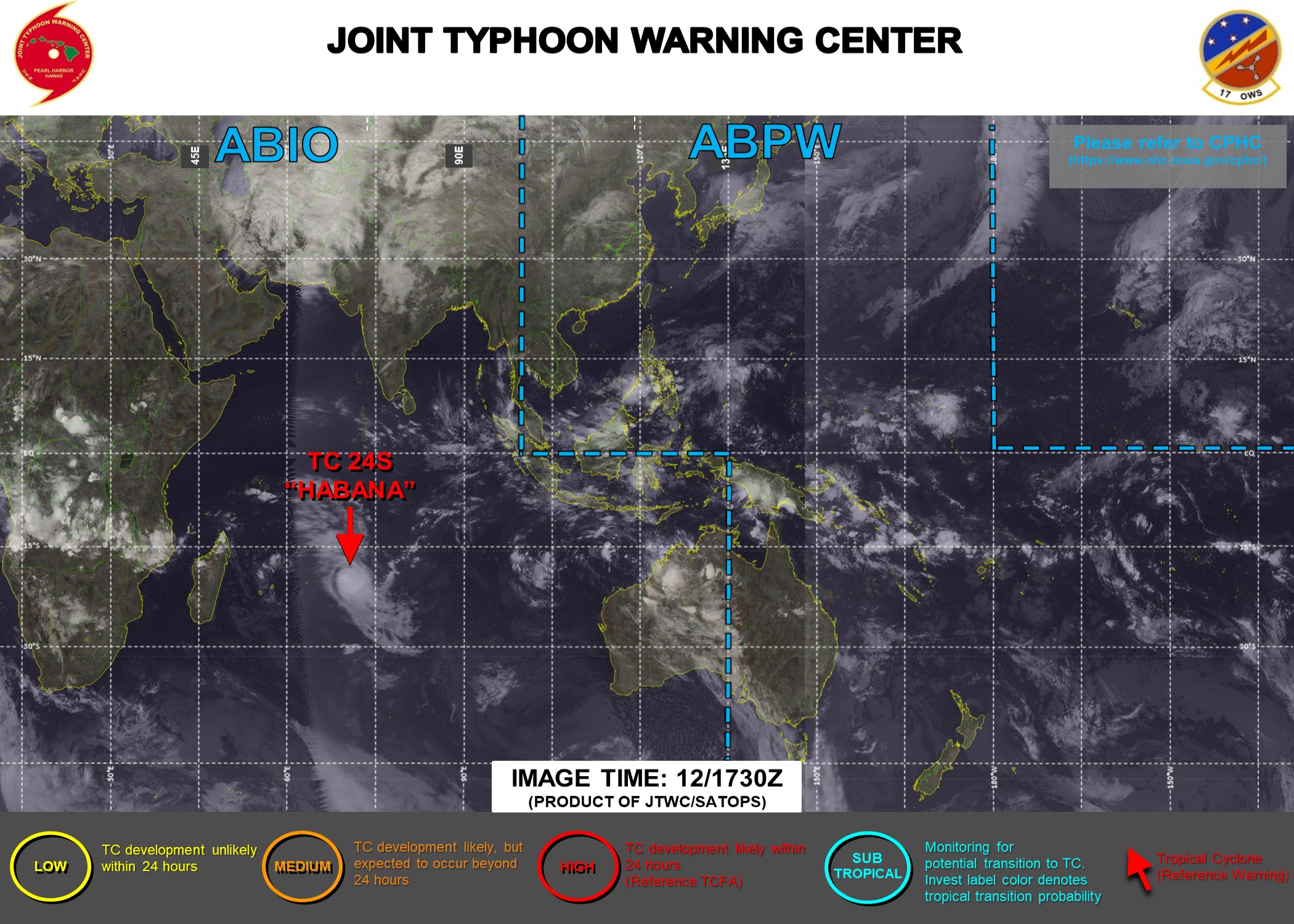 13/00UTC. JTWC HAS BEEN ISSUING 12HOURLY WARNINGS ON TC 24S(HABANA) ALONG WITH 3HOURLY SATELLITE BULLETINS.