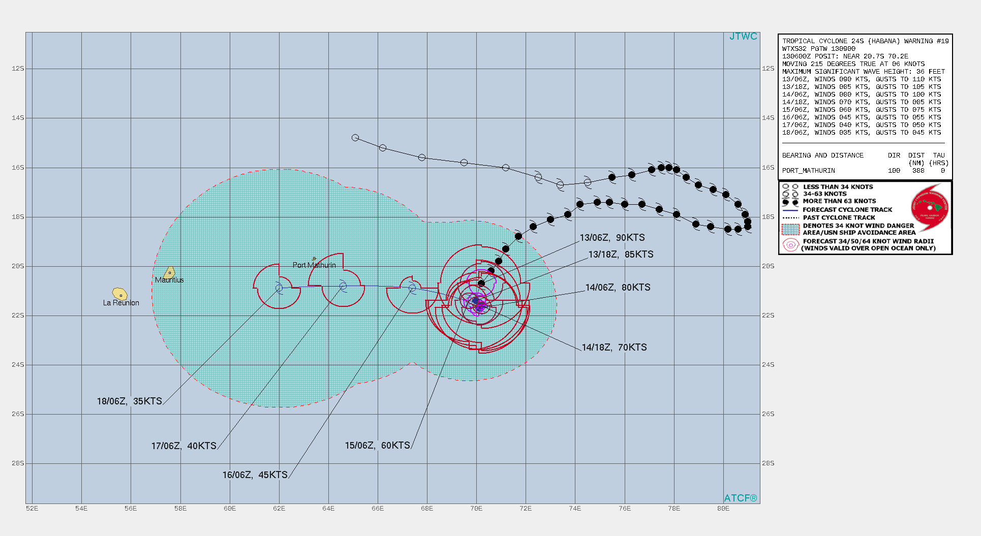 24S(HABANA). WARNING 19 ISSUED AT 13/09UTC. 24S IS WEAKENING SLIGHTLY FASTER THAN INDICATED BY THE WARNING WHICH WAS CALLING FOR AN INTENSITY OF 85KNOTS AT 13/18UTC.