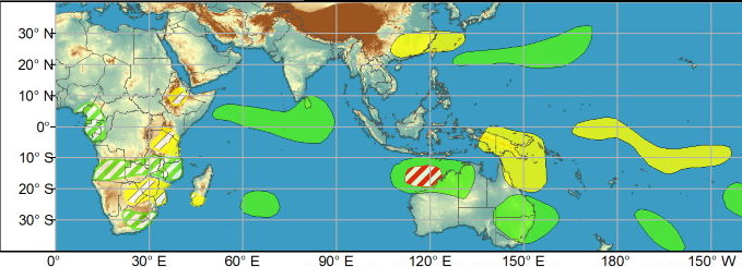 WEEK1: No tropical cyclones (TCs) formed during the last week. Since forming on 4 March, Subtropical Storm Habana remains over the southern Indian Ocean and the Joint Typhoon Warning Center (JTWC) forecasts Habana to eventually dissipate to the east of Mauritius by the start of week-1. In the southeastern Indian Ocean, there is agreement among the GEFS and ECMWF ensembles featuring an area of deepening low pressure off the Kimberley Coast of Australia by the upcoming weekend. Probabilistic TC tools continue to show some support for tropical cyclogenesis in the region, and a moderate confidence region is issued for week-1. Farther east across the South Pacific, there is model support for an area of deepening low pressure over French Polynesia during week-1; however, TC formation does not appear likely given the infrequency of TCs in the region and with the suppressed phase of the MJO anticipated to be over this part of the basin.