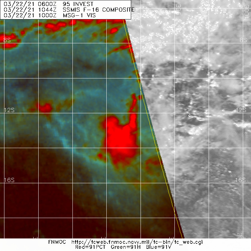 INVEST 95S. 22/1044UTC.MICROWAVE IMAGE REVEALS THE SMALL, COMMA-SHAPED  REGION OF DEEP CONVECTION WITH A SHORT TAIL EXTENDING NORTH. A  220301Z METOP-B PERIPHERAL ASCAT PASS SHOWS THE VERY ELONGATED, VERY  ASYMMETRIC LLC WITH ELEVATED (25 TO 30 KNOTS) WIND CONTAINED TO THE  SOUTH.