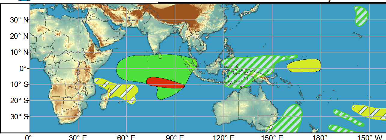 WEEK 1: 24/03 TO 30/03. No tropical cyclones (TCs) have formed globally over the past week. The Joint Typhoon Warning Center is currently monitoring a region of convection located near 13S/92E, with an associated forecast of a medium probability of tropical cyclogenesis occurring prior to the forecast period. In the event this system does not form prior to the outlook, high confidence exists for its development during Week-1. WEEK 1: 24/03 TO 30/03. No tropical cyclones (TCs) have formed globally over the past week. The Joint Typhoon Warning Center is currently monitoring a region of convection located near 13S/92E, with an associated forecast of a medium probability of tropical cyclogenesis occurring prior to the forecast period. In the event this system does not form prior to the outlook, high confidence exists for its development during Week-1.