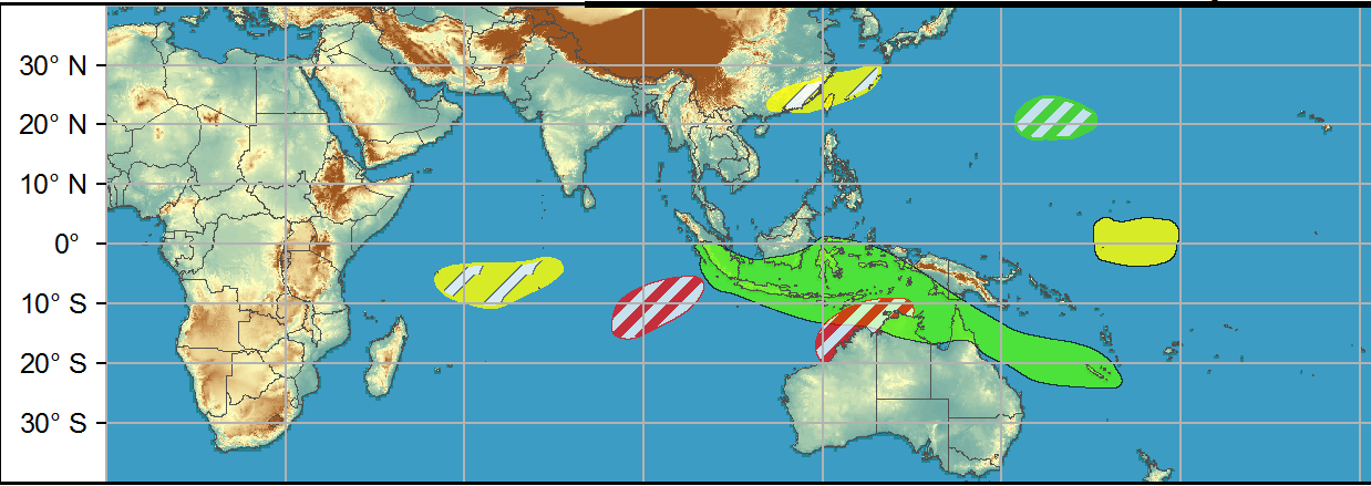 WEEK 2: 31/03 TO 06/04. During Week-2 equatorial Rossby wave activity supports moderate confidence of TC formation over a similar portion of the southeastern Indian Ocean and also off the northern coast of Australia. Lower confidence exists for a "twin" of the latter possible TC developing over the eastern Bay of Bengal during Week-2, but is supported by some GEFS members and likely Rossby wave activity. All of the aforementioned regions are historically supported by an active MJO transiting from the Indian Ocean to West Pacific during the period. WEEK 2: 31/03 TO 06/04. During Week-2 equatorial Rossby wave activity supports moderate confidence of TC formation over a similar portion of the southeastern Indian Ocean and also off the northern coast of Australia. Lower confidence exists for a "twin" of the latter possible TC developing over the eastern Bay of Bengal during Week-2, but is supported by some GEFS members and likely Rossby wave activity. All of the aforementioned regions are historically supported by an active MJO transiting from the Indian Ocean to West Pacific during the period.