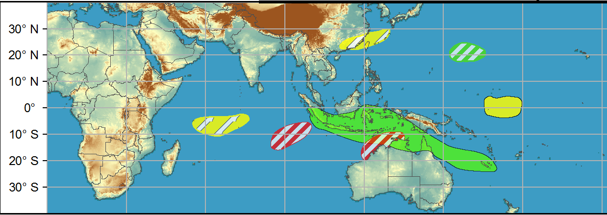 WEEK 2: 31/03 TO 06/04. During Week-2 equatorial Rossby wave activity supports moderate confidence of TC formation over a similar portion of the southeastern Indian Ocean and also off the northern coast of Australia. Lower confidence exists for a "twin" of the latter possible TC developing over the eastern Bay of Bengal during Week-2, but is supported by some GEFS members and likely Rossby wave activity. All of the aforementioned regions are historically supported by an active MJO transiting from the Indian Ocean to West Pacific during the period.
