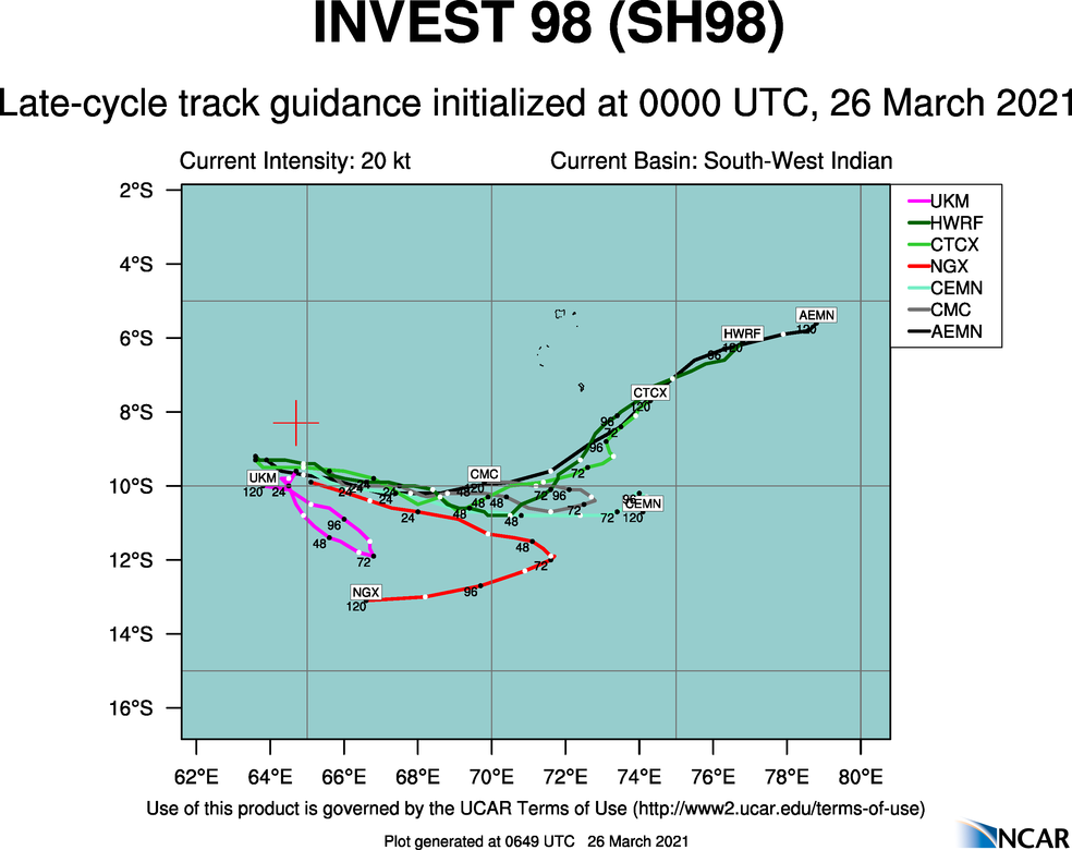 INVEST 98S. 98S IS CURRENTLY IN A FAVORABLE ENVIRONMENT WITH  POLEWARD OUTFLOW, WARM (29 TO 30 CELSIUS) SEA SURFACE TEMPERATURES,  AND LOW TO MODERATE (10 TO 20 KNOTS) VERTICAL WIND SHEAR (VWS).  GLOBAL MODELS ARE IN OVERALL DISAGREEMENT. THE SYSTEM IS EXPECTED TO  REMAIN QUASISTATIONARY FOR THE NEXT 24-48 HOURS. INVEST 98S. 98S IS CURRENTLY IN A FAVORABLE ENVIRONMENT WITH  POLEWARD OUTFLOW, WARM (29 TO 30 CELSIUS) SEA SURFACE TEMPERATURES,  AND LOW TO MODERATE (10 TO 20 KNOTS) VERTICAL WIND SHEAR (VWS).  GLOBAL MODELS ARE IN OVERALL DISAGREEMENT. THE SYSTEM IS EXPECTED TO  REMAIN QUASISTATIONARY FOR THE NEXT 24-48 HOURS.