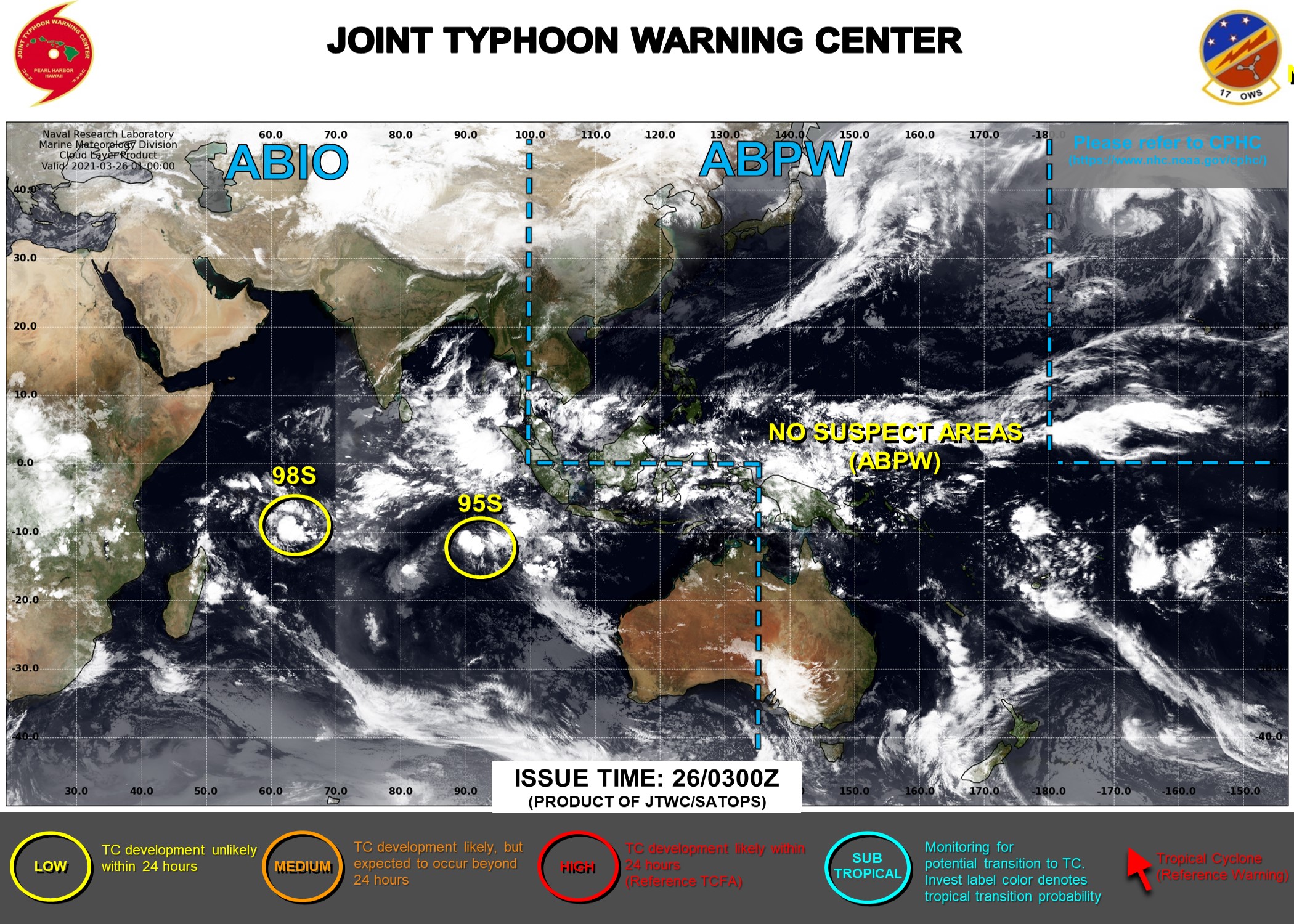 26/06UTC.BOTH AREAS ARE ASSESSED AS HAVING LOW CHANCES OF REACHING 35KNOTS WITHIN 24HOURS. JTWC HAS BEEN ISSUING 3HOURLY SATELLITE BULLETINS ON INVEST 95S. 26/06UTC.BOTH AREAS ARE ASSESSED AS HAVING LOW CHANCES OF REACHING 35KNOTS WITHIN 24HOURS. JTWC HAS BEEN ISSUING 3HOURLY SATELLITE BULLETINS ON INVEST 95S.
