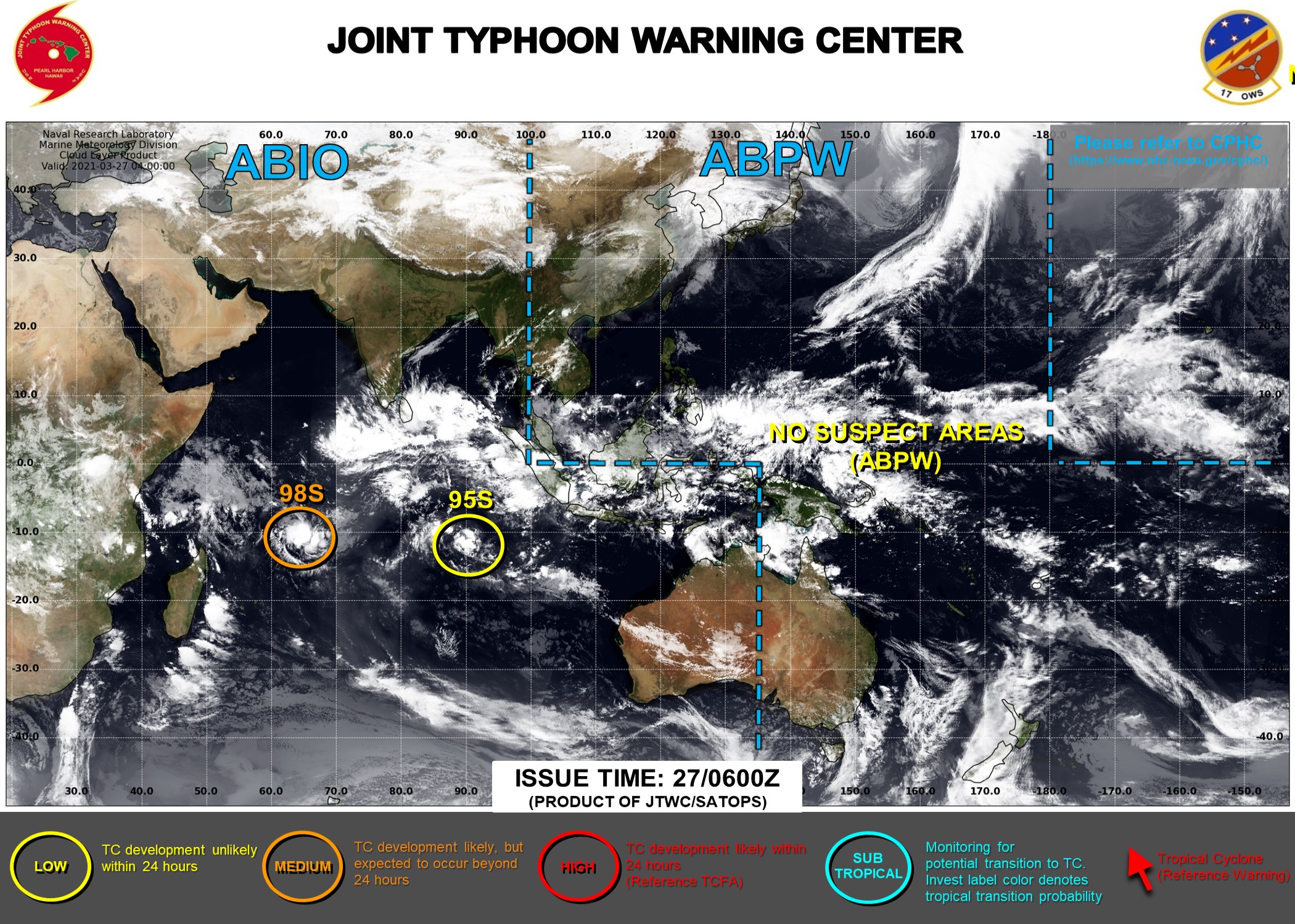 27/06UTC. INVEST 98S IS ASSESSED AS HAVING MEDIUM CHANCES OF REACHING 35KNOTS WITHIN THE NEXT 24HOURS. INVEST 95S REMAINS LOW. JTWC IS ISSUING 3HOURLY SATELLITE BULLETINS ON BOTH SYSTEMS. 27/06UTC. INVEST 98S IS ASSESSED AS HAVING MEDIUM CHANCES OF REACHING 35KNOTS WITHIN THE NEXT 24HOURS. INVEST 95S REMAINS LOW. JTWC IS ISSUING 3HOURLY SATELLITE BULLETINS ON BOTH SYSTEMS.