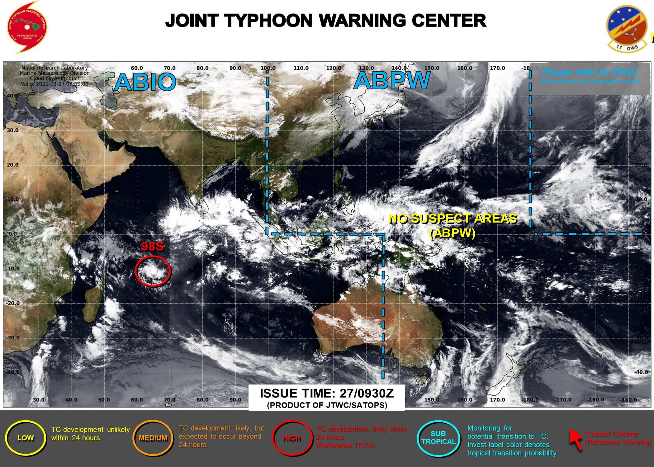 27/09UTC. INVEST 98S IS UP-GRADED TO HIGH FOR THE NEXT 24HOURS. JTWC HAS BEEN ISSUING 3HOURLY SATELLITE BULLETINS ON 98S. INVEST 95S IS WEAKENING AND HAS BEEN REMOVED FROM THE MAP. THE 3HOURLY SATELLITE BULLETINS WERE DISCONTINUED AT 27/0815UTC.