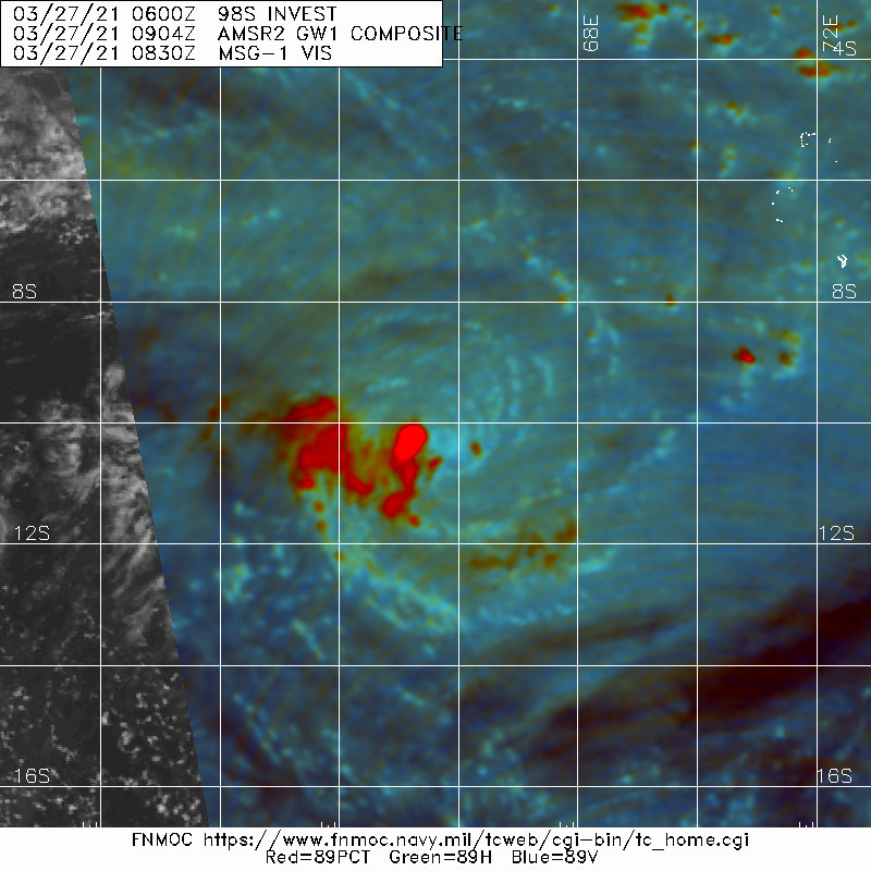 INVEST 98S. 27/0904UTC. MICROWAVE DEPICTS VERY WELL THE CIRCULATION WITH THE EXPOSED CENTER TO THE EAST OF DEEP CONVECTION.