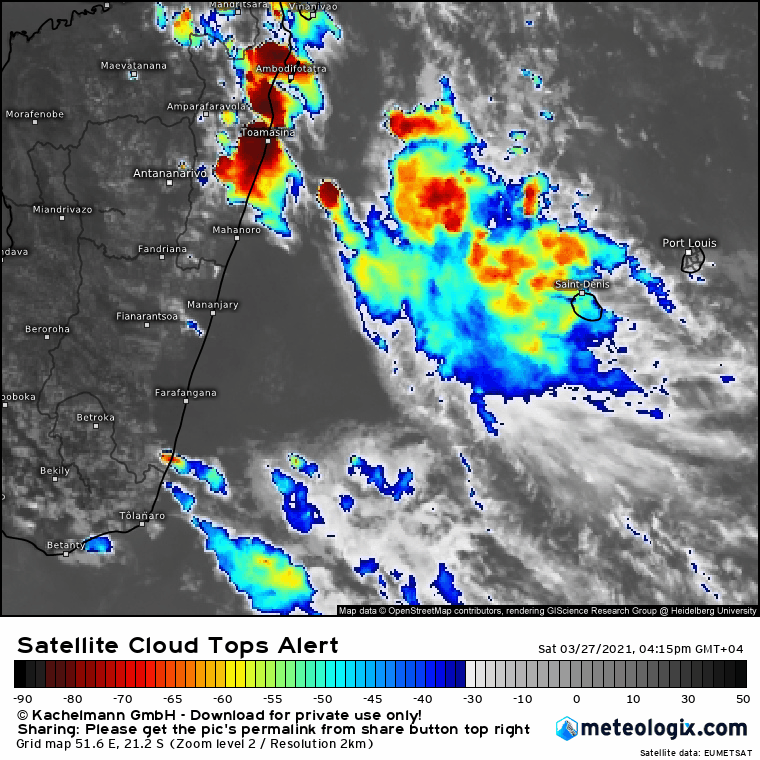 Animation satellite de ce Samedi 27 Mars entre 16h15 et 18h45. On voit bien la zone pluvio-orageuse progresser en partie vers la RÉUNION. Si nécessaire cliquez pour animer.