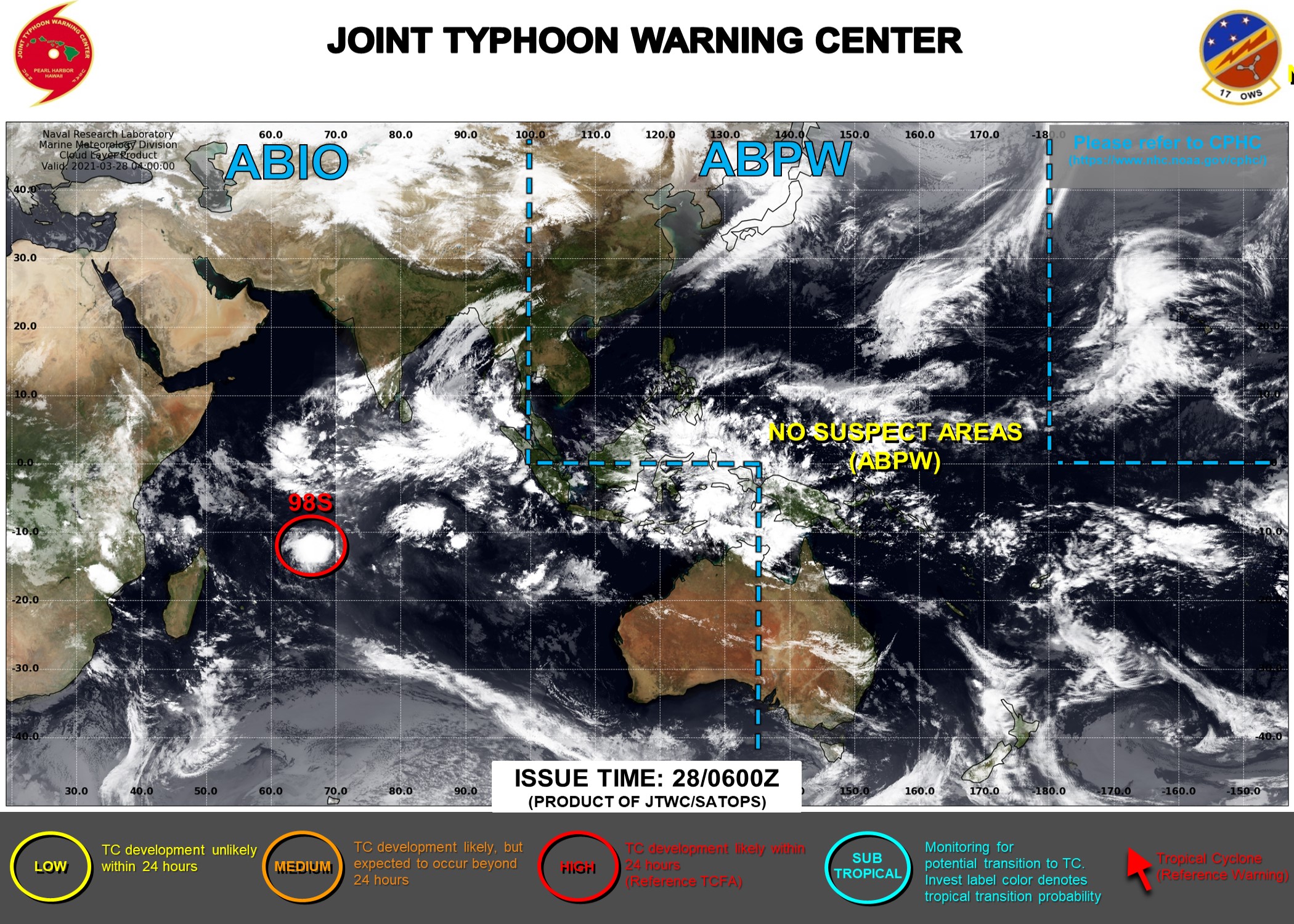 28/09UTC. INVEST 98S REMAINS HIGH. JTWC HAS BEEN ISSUING 3HOURLY SATELLITE BULLETINS ON THIS SYSTEM.