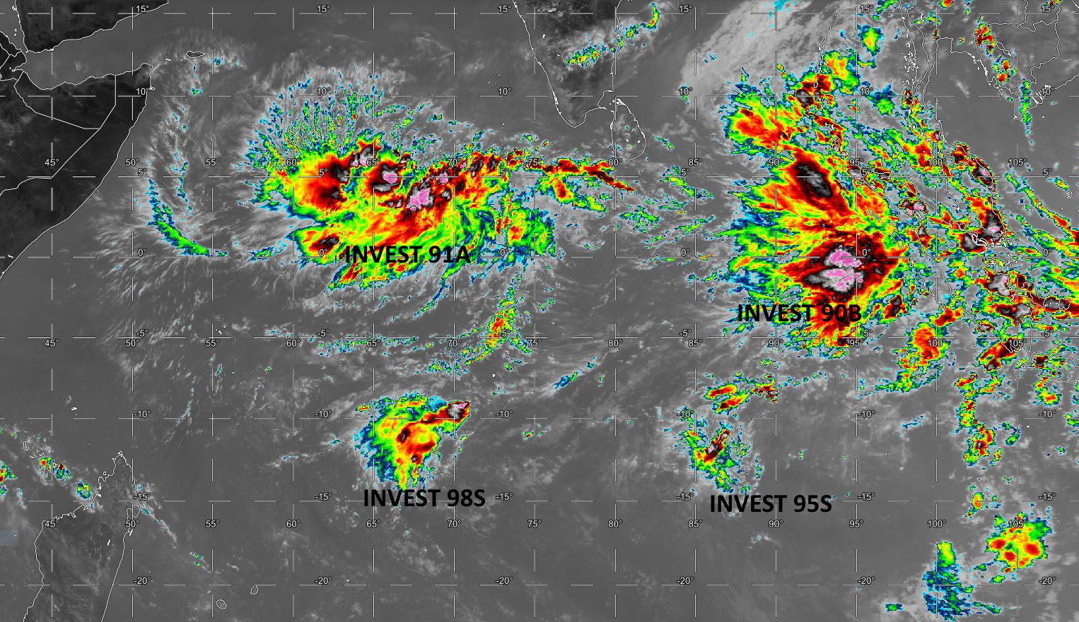 29/08UTC. INDIAN OCEAN. 4 INVEST AREAS. 90B AND 91A TO THE NORTH OF THE EQUATOR. 95S AND 98S TO THE SOUTH OF THE EQUATOR.