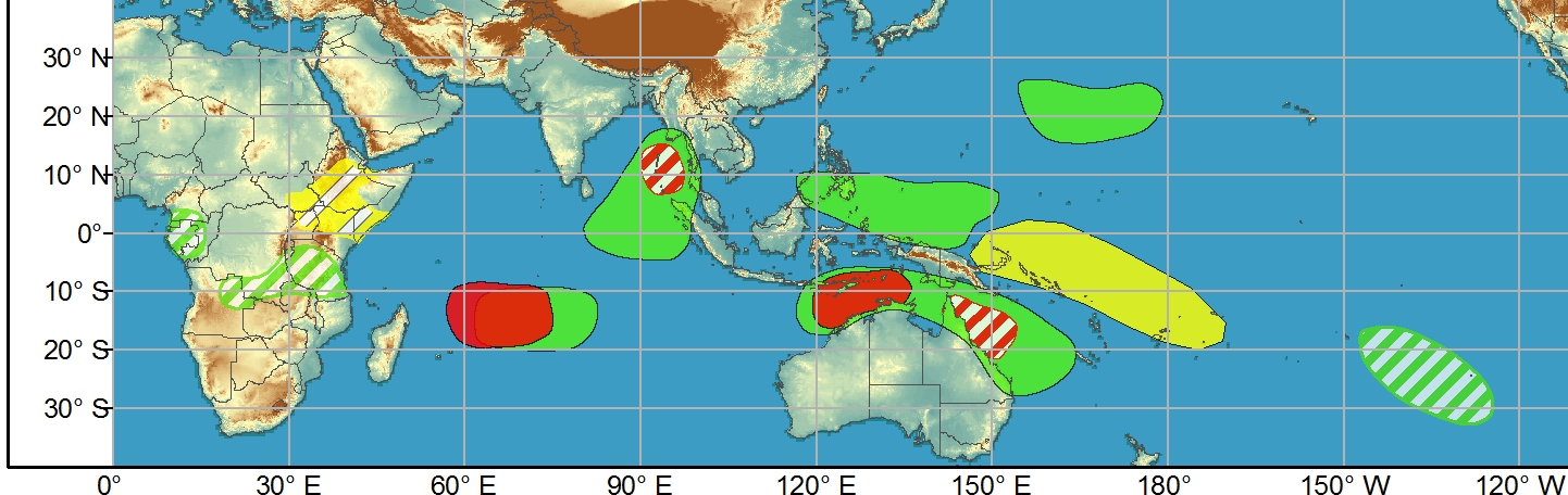 WEEK 1: 31/03 to 06/04. A convectively coupled Kelvin wave is forecast to pass through the MJO and the superposition of these waves will result in enhanced probabilities of tropical cyclone formation over the Indian Ocean during Week-1. There is evidence that La Nina is weakening, which is likely to be enhanced, at least temporarily, by the passage of the MJO over the Western and Central Pacific during the next two weeks.  There are several areas of possible tropical cyclone (TC) formation during Weeks-1 and 2. Due to the aforementioned superposition of the MJO and Kelvin wave, there is a high risk of TC development over the western Indian Ocean and a moderate risk for TC development in the Bay of Bengal during Week-1. WEEK 1: 31/03 to 06/04. A convectively coupled Kelvin wave is forecast to pass through the MJO and the superposition of these waves will result in enhanced probabilities of tropical cyclone formation over the Indian Ocean during Week-1. There is evidence that La Nina is weakening, which is likely to be enhanced, at least temporarily, by the passage of the MJO over the Western and Central Pacific during the next two weeks.  There are several areas of possible tropical cyclone (TC) formation during Weeks-1 and 2. Due to the aforementioned superposition of the MJO and Kelvin wave, there is a high risk of TC development over the western Indian Ocean and a moderate risk for TC development in the Bay of Bengal during Week-1.