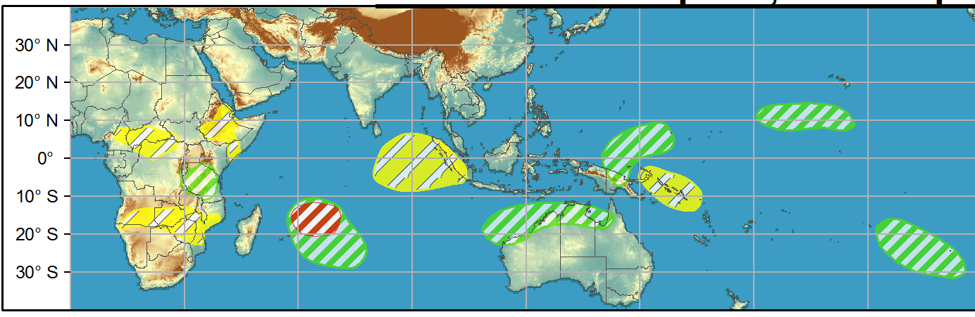 WEEK 2: 07/04 to 13/04.  A moderate risk over the western Indian Ocean continues into Week-2. There is also an MJO and Kelvin wave related risk of TC development during Week-1 along the coast of Northern Australia. Dynamical models suggest a high risk of TC formation along the Kimberley Coast and a moderate risk of TC formation further east. WEEK 2: 07/04 to 13/04.  A moderate risk over the western Indian Ocean continues into Week-2. There is also an MJO and Kelvin wave related risk of TC development during Week-1 along the coast of Northern Australia. Dynamical models suggest a high risk of TC formation along the Kimberley Coast and a moderate risk of TC formation further east.