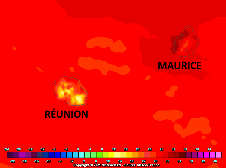 Vendredi les maximales sont dans l'ensemble supérieures aux normales sur le littoral mauricien. On "respire" sensiblement mieux à la RÉUNION. Arome. MFRANCE. MCIEL.