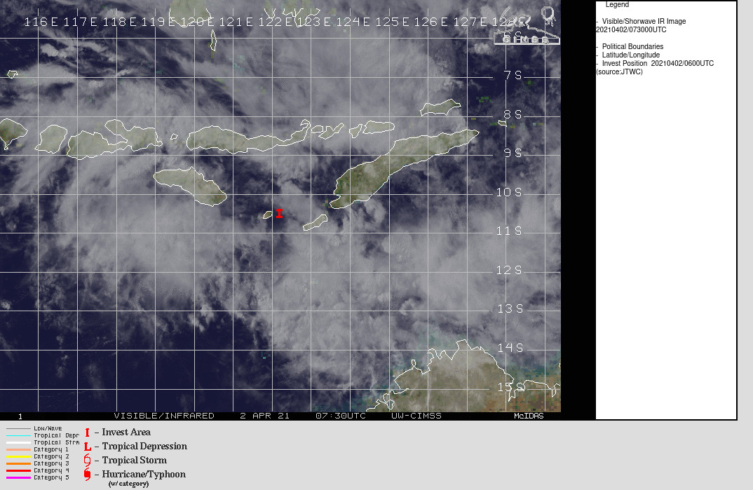 INVEST 99S. RECENT VISIBLE SATELLITE IMAGERY SHOWS AN ELONGATED LOW- LEVEL CIRCULATION BECOMING BETTER ORGANIZED BETWEEN A BELT OF 20-25  KNOT EASTERLIES IN THE TIMOR SEA AND A BELT OF 30-35 KNOT WESTERLIES  NORTH OF THE SAVU SEA, AS ASSESSED FROM A 020146Z ASCAT-C PASS. DEEP  CONVECTION IS PATCHY AND DECENTRALIZED, BUT FORMATIVE CURVED BANDING  IS BECOMING APPARENT IN THE SOUTHERN, WESTERN, AND NORTHERN  SEMICIRCLES.