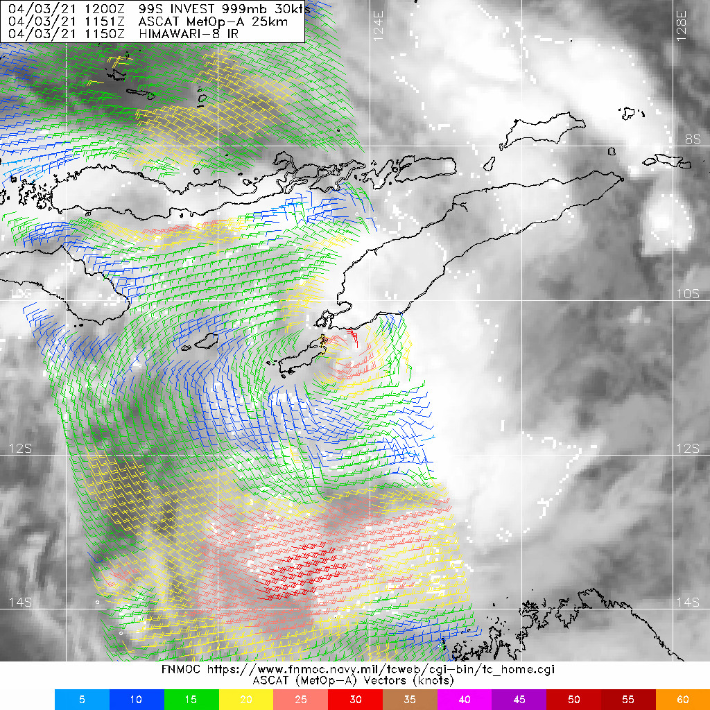 INVEST 99S. A 031150Z METOP-A ASCAT PASS  REVEALS A TIGHT LLCC WITH A SMALL, BUT ENHANCED, WIND FIELD OF 20 TO  30 KNOTS WITH A COUPLE 35 KNOT WIND BARBS TO THE NORTH. INVEST 99S. A 031150Z METOP-A ASCAT PASS  REVEALS A TIGHT LLCC WITH A SMALL, BUT ENHANCED, WIND FIELD OF 20 TO  30 KNOTS WITH A COUPLE 35 KNOT WIND BARBS TO THE NORTH.