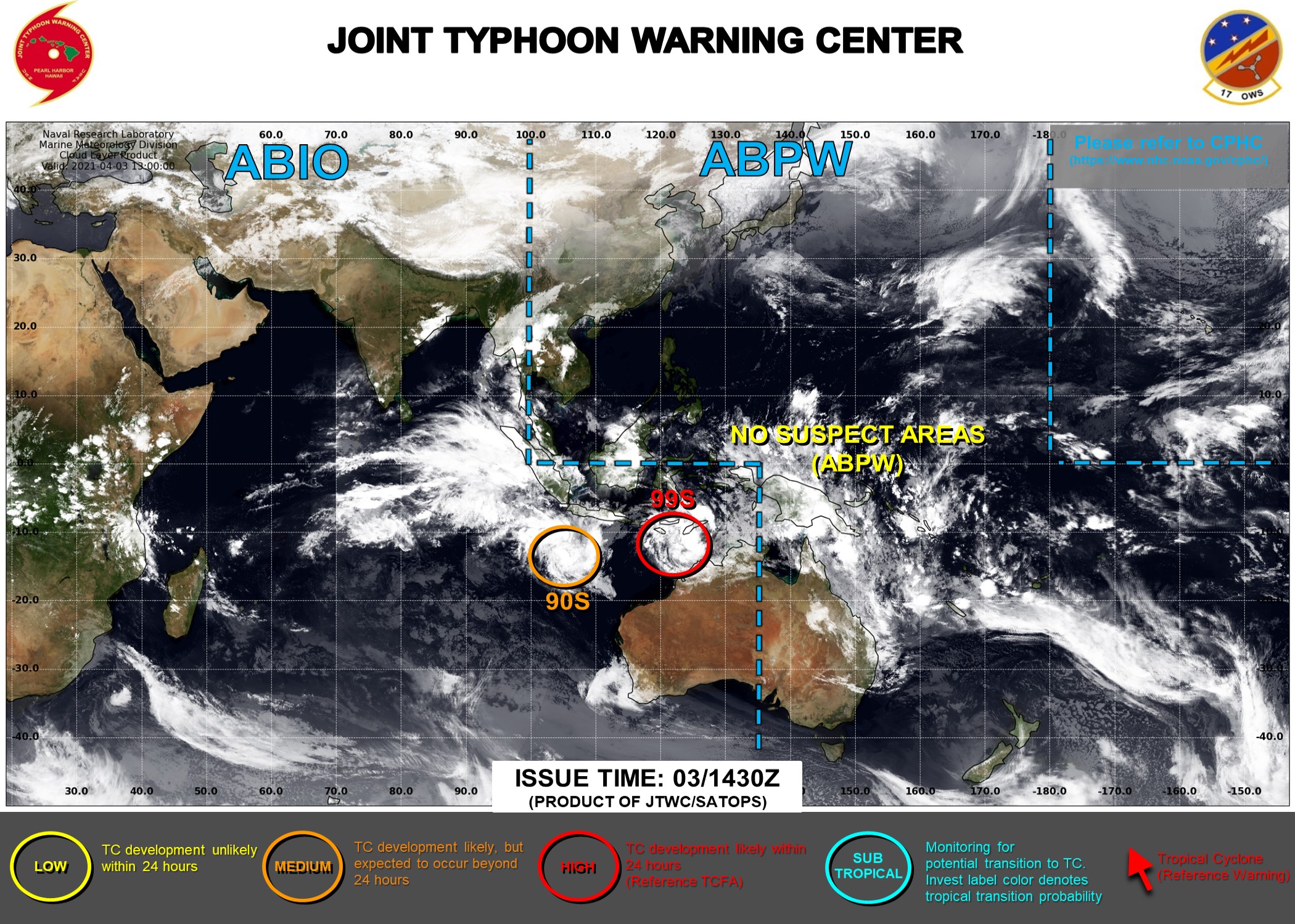 03/1430UTC. INVEST 99S IS UP-GRADED TO HIGH: HIGH CHANCES OF REACHING 35KNOTS WITHIN 24H. INVEST 90S IS UP-GRADED TO MEDIUM. JTWC HAS BEEN ISSUING 3HOURLY SATELLITE BULLETINS ON 99S. 03/1430UTC. INVEST 99S IS UP-GRADED TO HIGH: HIGH CHANCES OF REACHING 35KNOTS WITHIN 24H. INVEST 90S IS UP-GRADED TO MEDIUM. JTWC HAS BEEN ISSUING 3HOURLY SATELLITE BULLETINS ON 99S.