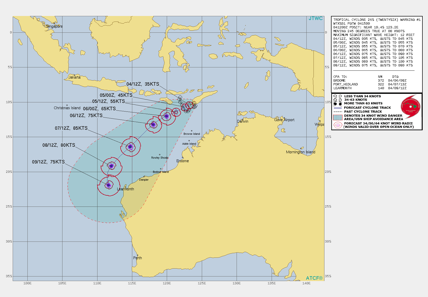 TC 26S. WARNING 1 ISSUED AT 04/15UTC. UPPER LEVEL ANALYSIS INDICATES THE SYSTEM RESIDES EQUATORWARD OF THE SUBTROPICAL RIDGE (STR) WITH GOOD  RADIAL OUTFLOW ALOFT, ENVELOPED IN A SMALL REGION OF LOW TO MODERATE  (10-15 KNOTS) VERTICAL WIND SHEAR, AND WARM SEA SURFACE  TEMPERATURES (28-30C). TC 26S CURRENTLY RESIDES IN A VERY WEAK  STEERING ENVIRONMENT AND WILL BEGIN MOVING SOUTHWESTWARD AS A RIDGE  BUILDS IN FROM THE SOUTHEAST THROUGH THE REMAINDER OF THE FORECAST.  AS THE SYSTEM MOVES SOUTHWEST, AN INCREASE IN POLEWARD OUTFLOW WILL  ENHANCE THE INTENSIFICATION TO A PEAK STRENGTH OF 85 KNOTS/US CATEGORY 2 BY 72H. DURING THIS TIMEFRAME, BINARY INTERACTION WITH INVEST 90S IS  LIKELY, THE TWO SYSTEMS REMAINING NEARLY 925KM APART BY SOME MODEL  ESTIMATES. THIS INTERACTION WILL CREATE A DYNAMIC CHANGE TO TC 26S  INTENSIFICATION AND TRACK MOTION, ADDING INHERENT UNCERTAINTY.
