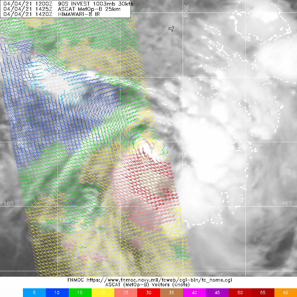 INVEST 90S. 04/1425UTC. ASCAT-B READ 35KNOT WINDS IN THE SOUTHERN QUADRANT.