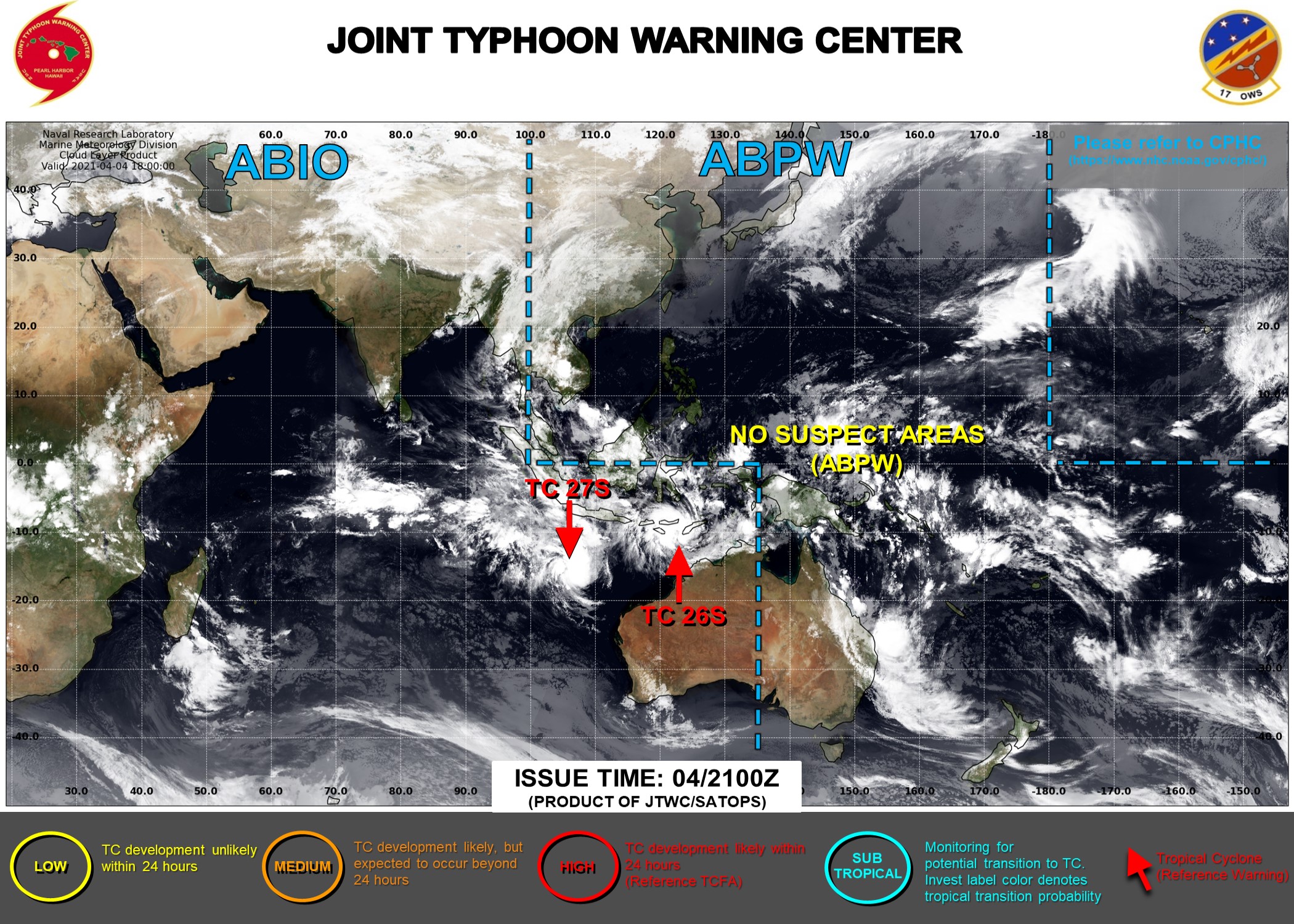 05/03UTC. JTWC IS ISSUING 6HOURLY WARNINGS ON TC 27S(SEROJA) AND 12HOURLY WARNINGS ON TC 27S. 3HOURLY SATELLITE BULLETINS ARE ISSUED FOR BOTH SYSTEMS.