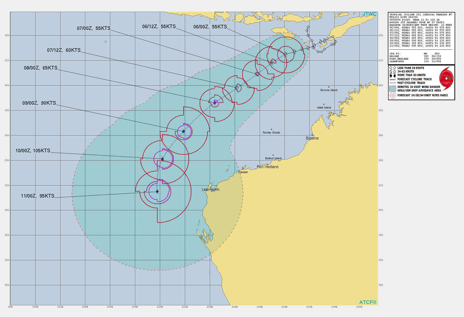 26S(SEROJA). WARNING 7 ISSUED AT 06/03UTC.UPPER-LEVEL ANALYSIS REVEALS A MARGINALLY-FAVORABLE ENVIRONMENT WITH MODERATE (15-20 KNOTS) VERTICAL WIND SHEAR OFFSET BY DIFFLUENT FLOW ALOFT. TC 26S IS FORECAST TO TRACK ALONG THE NORTHWEST PERIPHERY OF THE SUBTROPICAL RIDGE POSITIONED OVER WESTERN AUSTRALIA THROUGH 72H THEN TURN POLEWARD THROUGH 120H AS A DEEP MIDLATITUDE TROUGH APPROACHES AUSTRALIA.TC 26S IS FORECAST TO INTENSIFY STEADILY THROUGH THE FORECAST PERIOD TO A PEAK INTENSITY OF 105 KNOTS/US CAT 3 BY 96H WITH GRADUAL WEAKENING ANTICIPATED BY 120H. 26S(SEROJA). WARNING 7 ISSUED AT 06/03UTC.UPPER-LEVEL ANALYSIS REVEALS A MARGINALLY-FAVORABLE ENVIRONMENT WITH MODERATE (15-20 KNOTS) VERTICAL WIND SHEAR OFFSET BY DIFFLUENT FLOW ALOFT. TC 26S IS FORECAST TO TRACK ALONG THE NORTHWEST PERIPHERY OF THE SUBTROPICAL RIDGE POSITIONED OVER WESTERN AUSTRALIA THROUGH 72H THEN TURN POLEWARD THROUGH 120H AS A DEEP MIDLATITUDE TROUGH APPROACHES AUSTRALIA.TC 26S IS FORECAST TO INTENSIFY STEADILY THROUGH THE FORECAST PERIOD TO A PEAK INTENSITY OF 105 KNOTS/US CAT 3 BY 96H WITH GRADUAL WEAKENING ANTICIPATED BY 120H.