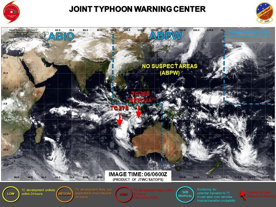 06/03UTC. JTWC IS ISSUING 6HOURLY WARNINGS ON 26S(SEROJA) AND 27S. 3HOURLY SATELLITE BULLETINS ARE ISSUED FOR BOTH SYSTEMS. 06/03UTC. JTWC IS ISSUING 6HOURLY WARNINGS ON 26S(SEROJA) AND 27S. 3HOURLY SATELLITE BULLETINS ARE ISSUED FOR BOTH SYSTEMS.