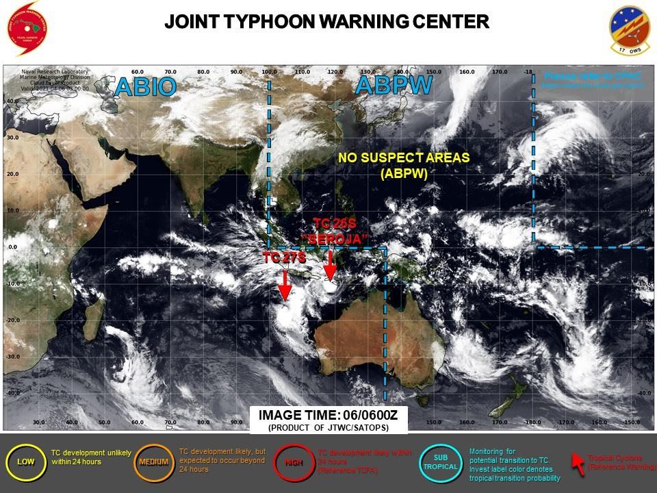 06/03UTC. JTWC IS ISSUING 6HOURLY WARNINGS ON 26S(SEROJA) AND 27S. 3HOURLY SATELLITE BULLETINS ARE ISSUED FOR BOTH SYSTEMS.