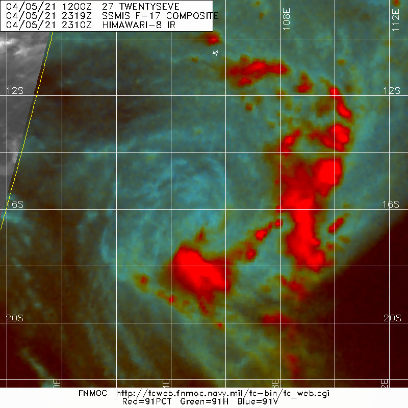 27S. 05/2319UTC. SSMIS 91GHZ IMAGE REVEALS SHALLOW BANDING WRAPPING INTO THE EXPOSED CENTER WITH FRAGMENTED BANDING OVER THE EASTERN AND SOUTHERN SEMICIRCLES. 27S. 05/2319UTC. SSMIS 91GHZ IMAGE REVEALS SHALLOW BANDING WRAPPING INTO THE EXPOSED CENTER WITH FRAGMENTED BANDING OVER THE EASTERN AND SOUTHERN SEMICIRCLES.