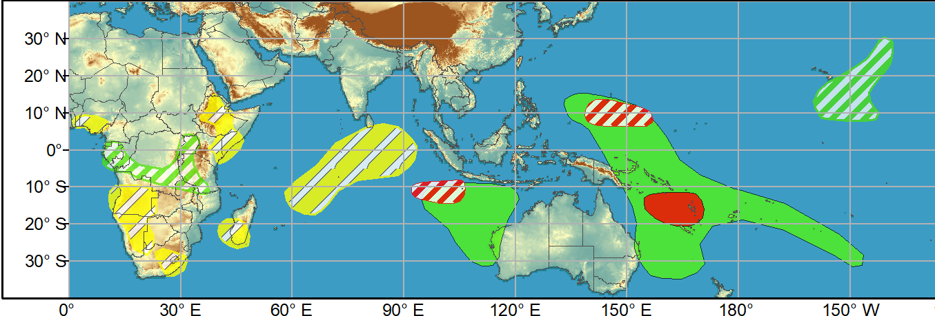 WEEK 1. 7 to 13 April. A couple of tropical cyclones (TCs) developed over the South Indian Ocean at the beginning of April and the MJO likely contributed to the genesis of these TCs. Tropical Cyclone 27S (centered at 16.2S/105.8E on Apr 7) is forecast to remain nearly stationary during the next 72 hours and then dissipate. The Joint Typhoon Warning Center calls for Tropical Cyclone Seroja, at 11.5S/118.9E, to strengthen with maximum sustained winds reaching 105 knots as it tracks southwest and parallels the Kimberley Coast of Australia. Later in week-1, TC Seroja could make landfall in Western Australia. Just to the west of these ongoing TCs, deterministic model runs continue to indicate that another TC may form early in week-1. Based on a favorable large-scale environment with the enhanced phase of the MJO crossing the West Pacific and support from model guidance, a high confidence or TC development exists over the Coral Sea during week-1. WEEK 1. 7 to 13 April. A couple of tropical cyclones (TCs) developed over the South Indian Ocean at the beginning of April and the MJO likely contributed to the genesis of these TCs. Tropical Cyclone 27S (centered at 16.2S/105.8E on Apr 7) is forecast to remain nearly stationary during the next 72 hours and then dissipate. The Joint Typhoon Warning Center calls for Tropical Cyclone Seroja, at 11.5S/118.9E, to strengthen with maximum sustained winds reaching 105 knots as it tracks southwest and parallels the Kimberley Coast of Australia. Later in week-1, TC Seroja could make landfall in Western Australia. Just to the west of these ongoing TCs, deterministic model runs continue to indicate that another TC may form early in week-1. Based on a favorable large-scale environment with the enhanced phase of the MJO crossing the West Pacific and support from model guidance, a high confidence or TC development exists over the Coral Sea during week-1.
