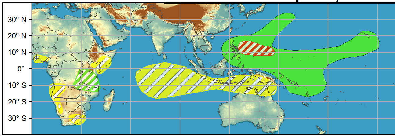 WEEK 2. 14 to 20 April. An elevated chance of TC development also is forecast across the West Pacific. Due to uncertainty on timing, a moderate confidence area covers weeks 1 and 2.
