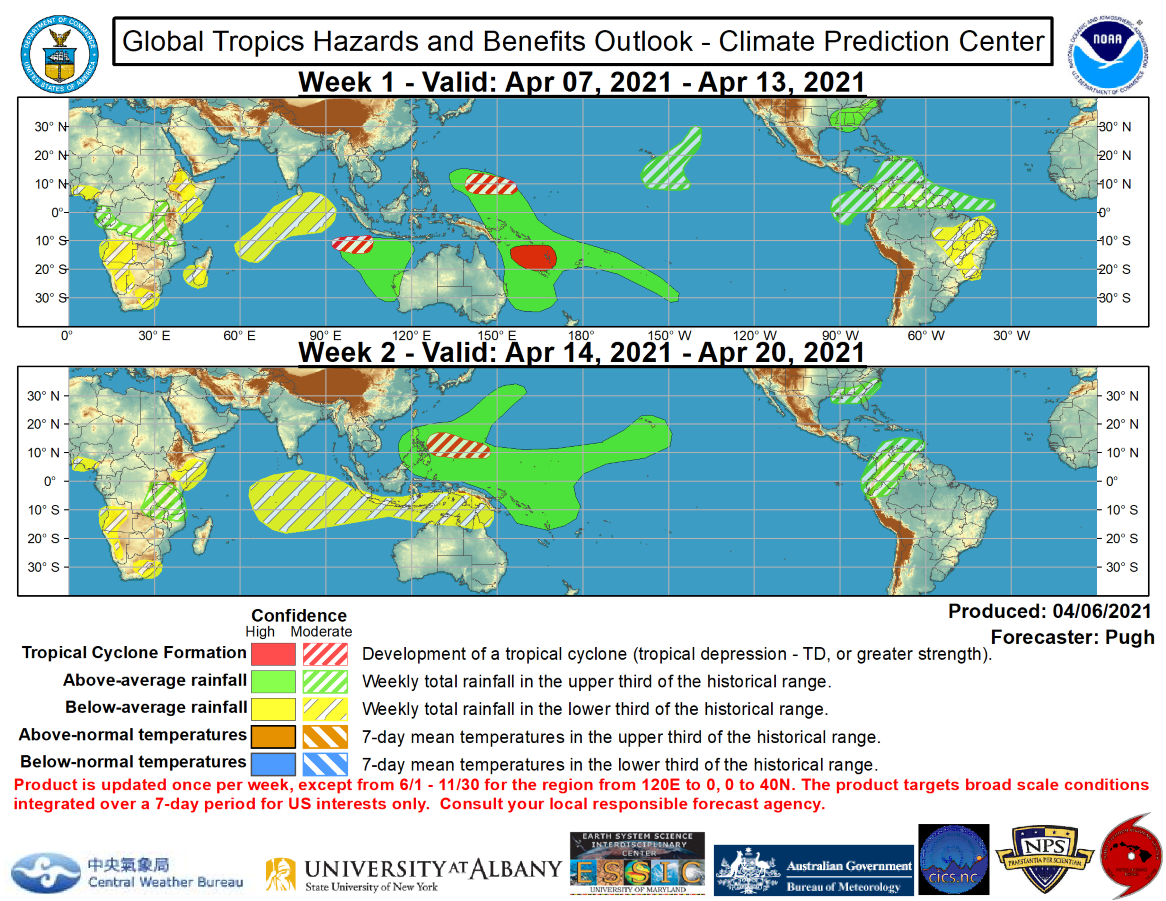 Favored areas of above and below median precipitation are based on: predicted tracks of TCs, a model consensus, and MJO precipitation composites (phases 6, 7, and 8). During the next two weeks, above average rainfall is likely across the West Pacific along with parts of the Central Pacific, including Hawaii. Above average rainfall is also favored to affect parts of the Caribbean (week-1) and northern South America (weeks 1 and 2). Once the ongoing TCs across the South Indian Ocean track poleward, below average rainfall is expected to expand east from the Indian Ocean to parts of the Maritime Continent and northern Australia by week-2.  During weeks 1 and 2, an amplifying 500-hPa trough over the eastern U.S. favors above average rainfall across the southeastern United States. This favored area of above average rainfall is also consistent with MJO precipitation composites. For hazardous weather concerns during the upcoming two weeks across the U.S. please refer to your local NWS Forecast Office, the Weather Prediction Center's Medium Range Hazards Forecast, and CPC's Week-2 U.S. Hazards Outlook Favored areas of above and below median precipitation are based on: predicted tracks of TCs, a model consensus, and MJO precipitation composites (phases 6, 7, and 8). During the next two weeks, above average rainfall is likely across the West Pacific along with parts of the Central Pacific, including Hawaii. Above average rainfall is also favored to affect parts of the Caribbean (week-1) and northern South America (weeks 1 and 2). Once the ongoing TCs across the South Indian Ocean track poleward, below average rainfall is expected to expand east from the Indian Ocean to parts of the Maritime Continent and northern Australia by week-2.  During weeks 1 and 2, an amplifying 500-hPa trough over the eastern U.S. favors above average rainfall across the southeastern United States. This favored area of above average rainfall is also consistent with MJO precipitation composites. For hazardous weather concerns during the upcoming two weeks across the U.S. please refer to your local NWS Forecast Office, the Weather Prediction Center's Medium Range Hazards Forecast, and CPC's Week-2 U.S. Hazards Outlook