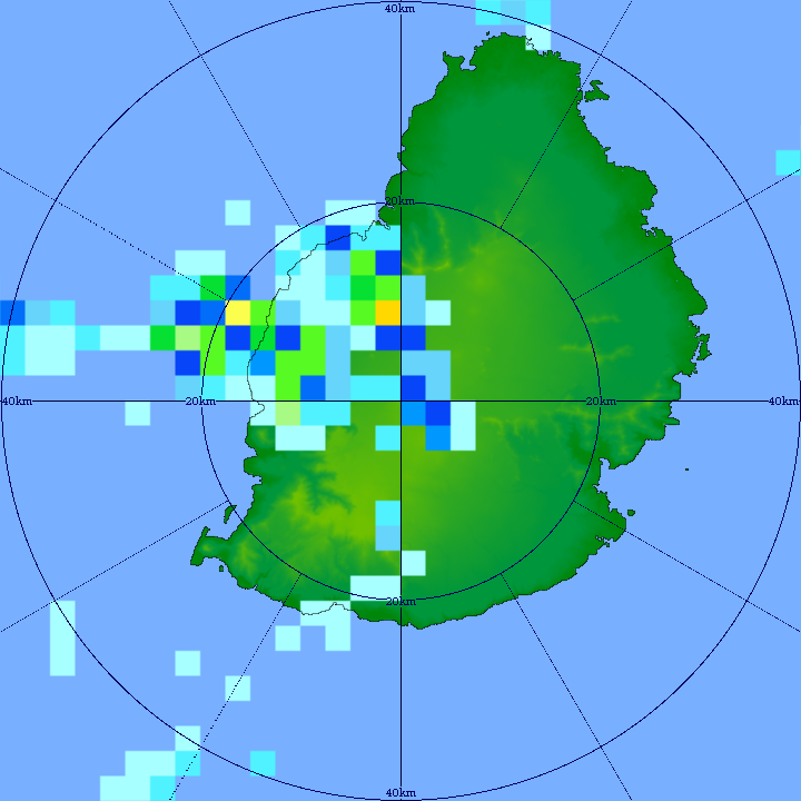 06/17h21. Bonnes averses estivales localement de forte intensité en fin d'après-midi du Mardi 06 sur l'Ouest de MAURICE. Radar de TAC. MMS/Vacoas.