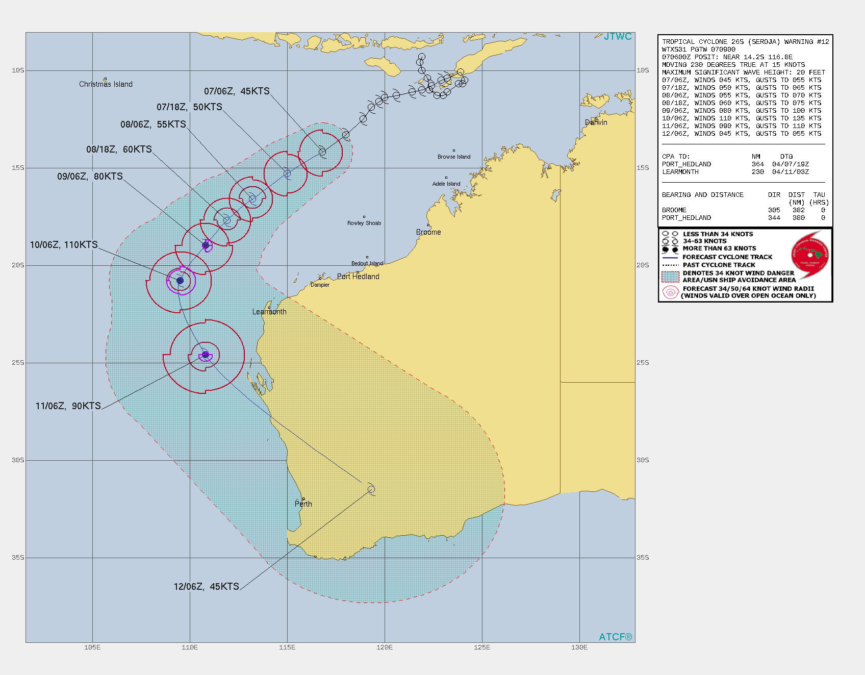 27S(SEROJA). WARNING 12 ISSUED AT 07/09UTC. THE SYSTEM REMAINS COCOONED IN A MARGINALLY  SUPPORTIVE ENVIRONMENT CHARACTERIZED BY MODERATE (15-20 KTS)  EASTERLY VERTICAL WIND SHEAR(VWS) OFFSET BY DIFFLUENT FLOW ALOFT, THOUGH THERE IS NO  DISTINCT OUTFLOW CHANNEL AT PRESENT. TC 26S IS FORECAST TO CONTINUE  TRACKING SOUTHWESTWARD ALONG THE NORTHWEST PERIPHERY OF A DEEP-LAYER  SUBTROPICAL RIDGE (STR) CENTERED OVER WESTERN AUSTRALIA THROUGH 72H,  BEFORE ROUNDING THE RIDGE AXIS NEAR 72H, AND THEN ACCELERATING  SOUTHEASTWARD THROUGH 120H. THE SYSTEM IS EXPECTED TO MAKE  LANDFALL SOUTH OF SHARK BAY NEAR 108H. SLOW INTENSIFICATION IS  FORECAST OVER THE NEXT 36 HOURS AS THE SYSTEM MOVES SLOWLY INTO A  GENERALLY MORE FAVORABLE ENVIRONMENT WITH INCREASED MOISTURE AND  DECREASED VWS. TC 26S IS FORECAST TO RAPIDLY INTENSIFY, FROM 60  KNOTS TO 110 KNOTS/US CAT 3 BETWEEN 48 AND 72H, AS IT APPROACHES THE RIDGE  AXIS, VWS DROPS TO THE 5-10 KNOT RANGE AND A COMPACT POINT SOURCE  DEVELOPS ALOFT OVER TOP OF THE SYSTEM. AFTER ROUNDING THE RIDGE AND  ACCELERATING SOUTHEASTWARD, INCREASING SHEAR, COOLER WATERS AND  ULTIMATELY LAND INTERACTION WILL LEAD TO RAPID WEAKENING THROUGH THE  REMAINDER OF THE FORECAST. THE SYSTEM IS EXPECTED TO BEGIN EXTRA- TROPICAL TRANSITION AFTER LANDFALL AS IT MOVES EAST OF PERTH. AT  THIS POINT, THE BINARY INTERACTION WITH TC 27S IS NOT EXPECTED TO  IMPACT THE TRACK FORECAST, BUT THERE REMAINS A LOW PROBABILITY OF A  SLIGHT WOBBLE FURTHER WEST IN THE MID-RANGE PORTION OF THE FORECAST  AS THE TWO SYSTEMS BEGIN TO INTERACT WITH ONE ANOTHER.