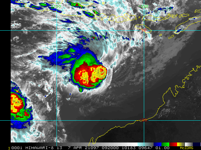 26S(SEROJA). 07/0920UTC. ANIMATED  MULTISPECTRAL SATELLITE IMAGERY (MSI) DEPICTS WELL-DEFINED LOW LEVEL  CLOUD BANDS WRAPPING INTO A PARTIALLY EXPOSED LOW LEVEL CIRCULATION  CENTER (LLCC) POSITIONED ON THE EASTERN EDGE OF FLARING, SHEARED  CONVECTION.
