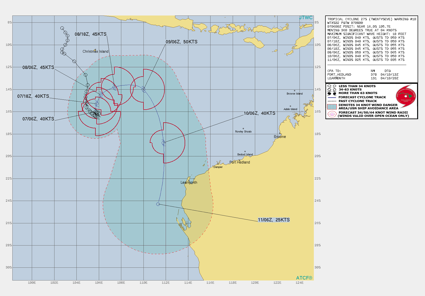 26S. WARNING 10 ISSUED AT 07/09UTC. TC 27S IS ENSCONCED IN A MARGINAL ENVIRONMENT WITH A MODERATE (15-20 KTS) EASTERLY VERTICAL WIND SHEAR(VWS) INDUCED FROM  THE GENERAL EAST-NORTHEASTERLY ENVIRONMENTAL FLOW ALOFT AS WELL AS  OUTFLOW FROM TC 26S TO THE NORTHEAST. WHILE SHEAR IS MODERATE, IT IS  BEING OFFSET SOMEWHAT BY ROBUST POLEWARD OUTFLOW AND WARM SSTS. TC  27S IS FORECAST TO CONTINUE TRACKING SLOWLY NORTHWARD OVER THE NEXT  24 HOURS UNDER GENERALLY WEAK STEERING CONDITIONS, BUT WILL TURN  EAST BY 36H AS IT MOVES WITHIN 650KM OF TC 26S AND IS CAPTURED BY  THE LARGER SYSTEM. ONCE CAPTURED, TC 27S WILL BEGIN BINARY  INTERACTION WITH TC 26S, RAPIDLY ACCELERATING AROUND TO A  SOUTHEASTWARD AND THEN SOUTHWARD TRACK BETWEEN 48H THROUGH 96H. THE TWO SYSTEMS WILL MOVE TO WITHIN 315KM OF ONE ANOTHER BY 72H AND TC 27S WILL BEGIN TO BECOME ABSORBED BY TC 26S, WITH FULL  MERGER EXPECTED NO LATER THAN 96H. CURRENT ENVIRONMENTAL  CONDITIONS ARE EXPECTED TO PERSIST OVER THE NEXT 24 HOURS, WITH  LITTLE TO NO CHANGE IN INTENSITY EXPECTED BEFORE 24H. AS THE  SYSTEM BEGINS TO MOVE NORTH OF TC 26S IT WILL MOVE INTO AN AREA OF  IMPROVED OUTFLOW AND DECREASED VWS, ALLOWING FOR A BRIEF PERIOD OF  INTENSIFICATION, TO A PEAK OF 50 KNOTS AT 48H. AFTER THIS POINT,  THE COMBINATION OF INCREASING VWS AND DISRUPTION OF THE VORTEX DUE  TO INTERACTION WITH TC 26S WILL LEAD TO RAPID WEAKENING AFTER 72H.