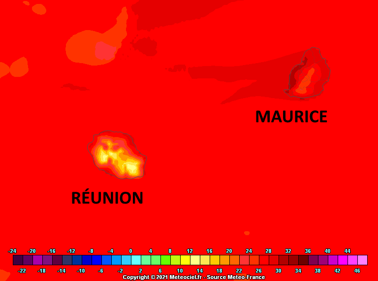 Les températures maximales sous abri les plus élevées des ILES SOEURS seront encore très probablement observées sur la frange littorale occidentale de MAURICE. Arome. MFRANCE. MCIEL.