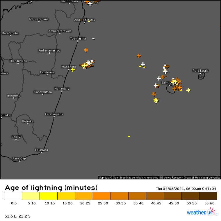 6 heures ce Jeudi matin. L'activité orageuse de la dernière heure est concentrée autour de la RÉUNION et au large de la côte Est de MADA. WUS. 6 heures ce Jeudi matin. L'activité orageuse de la dernière heure est concentrée autour de la RÉUNION et au large de la côte Est de MADA. WUS.