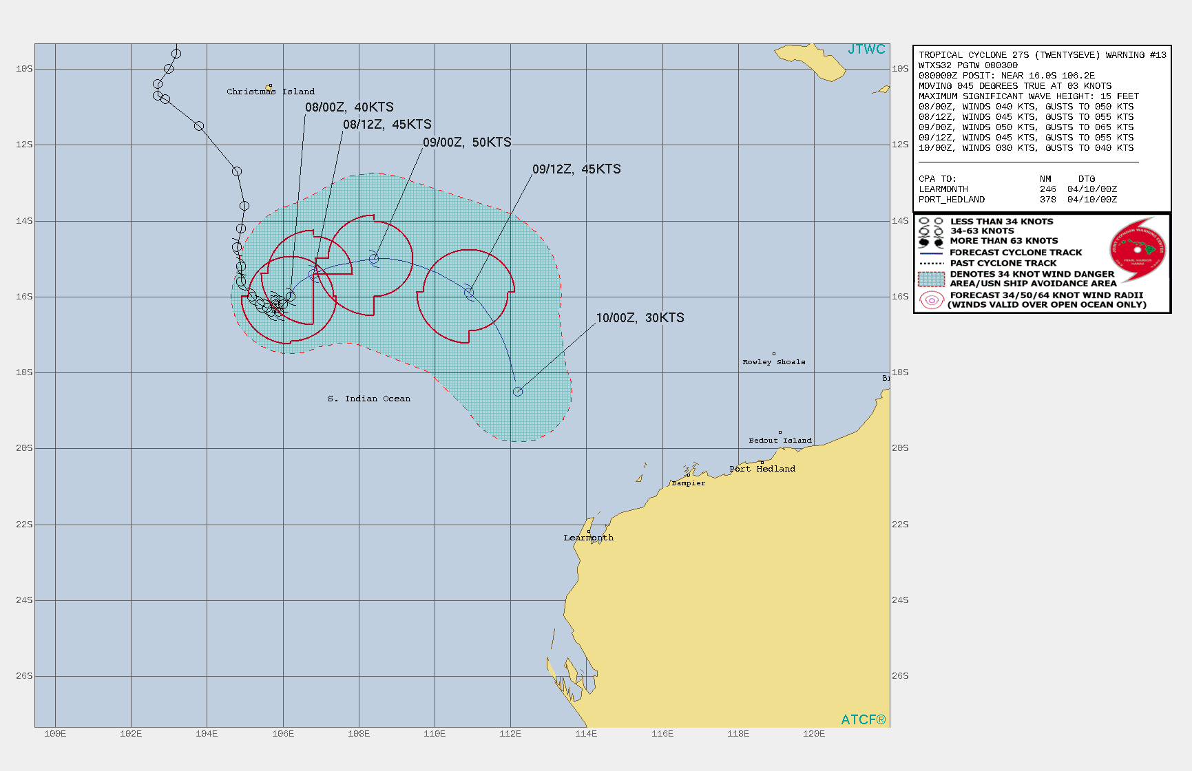 26S. WARNING 14 ISSUED AT 08/09UTC. ANALYSIS INDICATES THE CYCLONE IS IN A MARGINAL ENVIRONMENT WITH STRONG  SUBSIDENCE ALOFT ALONG THE EASTERN HALF DUE TO THE OUTFLOW FROM TC  26S AND MODERATE TO STRONG (20-25KT) EASTERLY VERTICAL WIND SHEAR  THAT ARE PARTLY OFFSET BY WARM (29C) SEA SURFACE TEMPERATURE. THE  SYSTEM IS IN A NEUTRAL AREA BETWEEN A LOW REFLECTION OF THE  SUBTROPICAL RIDGE TO THE SOUTHWEST, WEAK NEAR EQUATORIAL RIDGING TO  THE NORTHWEST, AND OUTFLOW PRESSURE FROM AN APPROACHING TC 26S,  CURRENTLY 650KM TO THE EAST. AS TC 26S GETS CLOSER, A BINARY  INTERACTION WILL COMMENCE DUE TO FUJIWARA EFFECT RESULTING IN TC 26S  TRACKING CYCLONICALLY INTO AN ARC NORTHEASTWARD. THE WARM WATER AND  INCREASED OUTFLOW WILL MARGINALLY OFFSET THE VWS AND PROMOTE A  MODEST INTENSIFICATION TO A PEAK OF 50KNOTS AS IT CRESTS THE ARC.  AFTERWARD, IT WILL RAPIDLY DECAY AS IT GETS RAPIDLY ABSORBED INTO  THE LARGER AND MUCH MORE DOMINANT TC 26S LEADING TO DISSIPATION BY  36H, POSSIBLY SOONER.